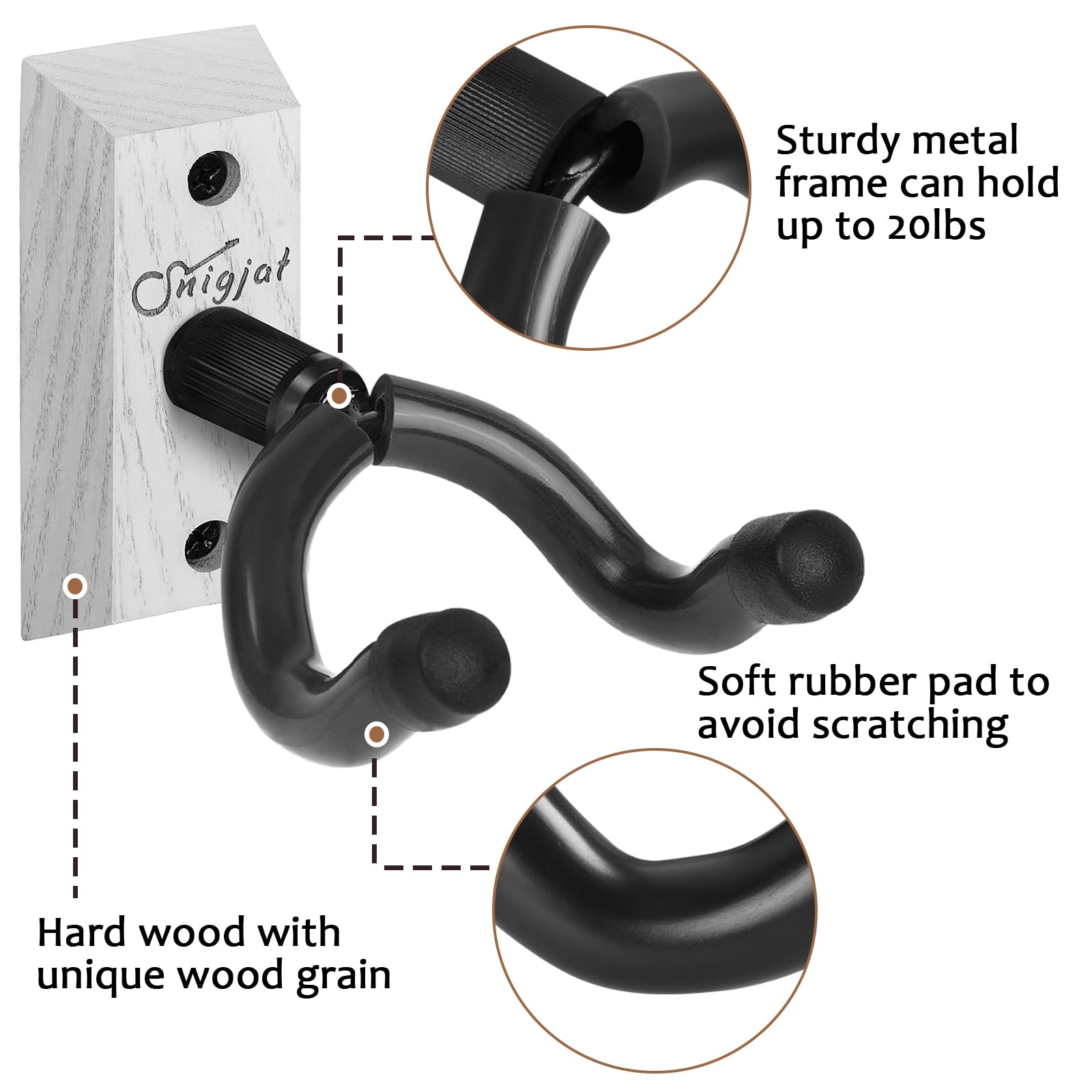 Soporte de pared para guitarra, colgador de guitarra de madera dura para acústico, bajo, banjo y más, paquete de 2, solución de almacenamiento montada en la pared para una visualización segura y fácil
