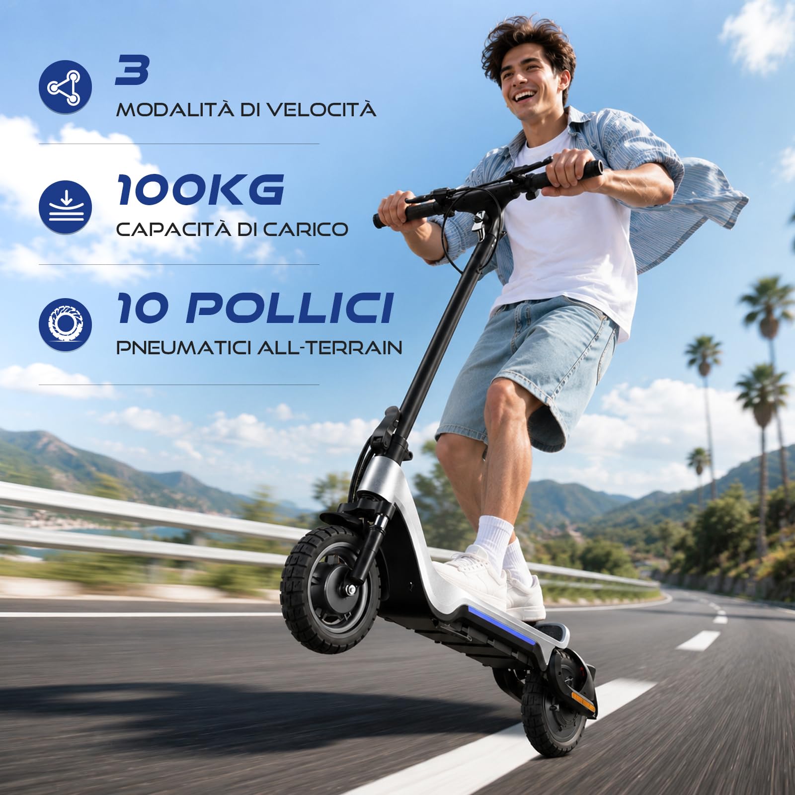 X3 Monopattino Elettrico per Adulti, Batteria 48V 15Ah, Autonomia 40–50 km, Velocità Limitata 25 km/h, Ruote 10” Off-Road, Doppia Sospensione, Freni a Disco, APP Smart, Telaio Pieghevole in Magnesio,