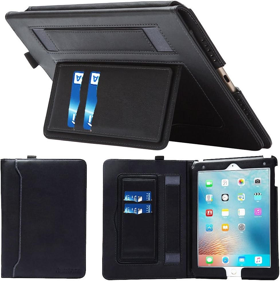 iPad Pro 9.7 Case, iPad Pro 9.7 inch Case,Jumtent Leather Stand Folio Case Cover Compatible iPad Pro 9.7 inch 2016, with Card Slots,Document Pocket,Pencil Holder,Hand Strap (Black)