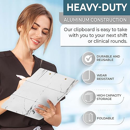 Miniatura 5 de First Lifesaver Portapapeles de enfermería de 3 capas plegables de aluminio para enfermeras, estudiantes de enfermería y médicos (mármol blanco)