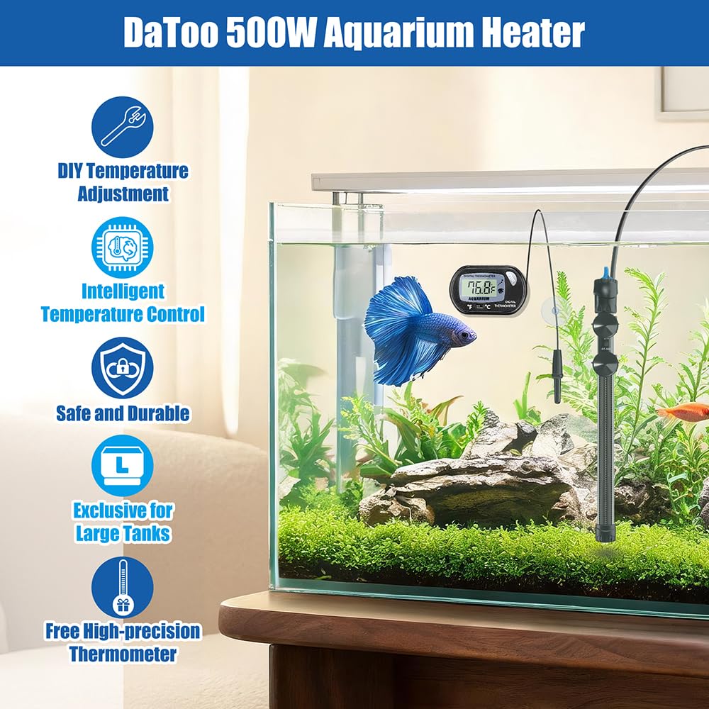 DaToo Chauffage d'aquarium submersible 500 W 500 W Thermostat réglable avec 2 ventouses et un thermomètre numérique gratuit pour eau salée et eau douce