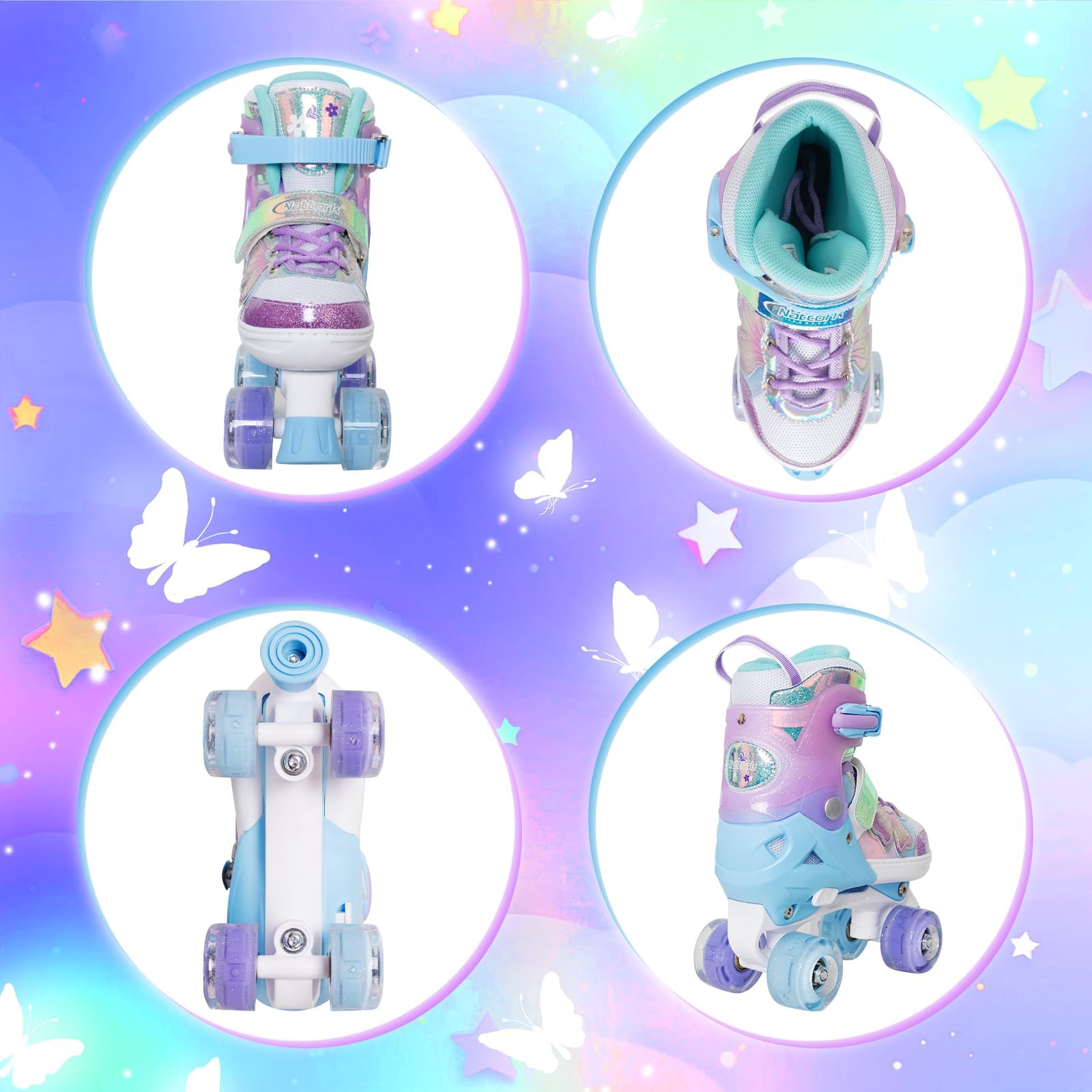 Nattork Patins à roulettes pour enfants - 4 tailles réglables - Avec motif papillon et fleur - Cadeau d'anniversaire pour les sports d'intérieur et d'extérieur