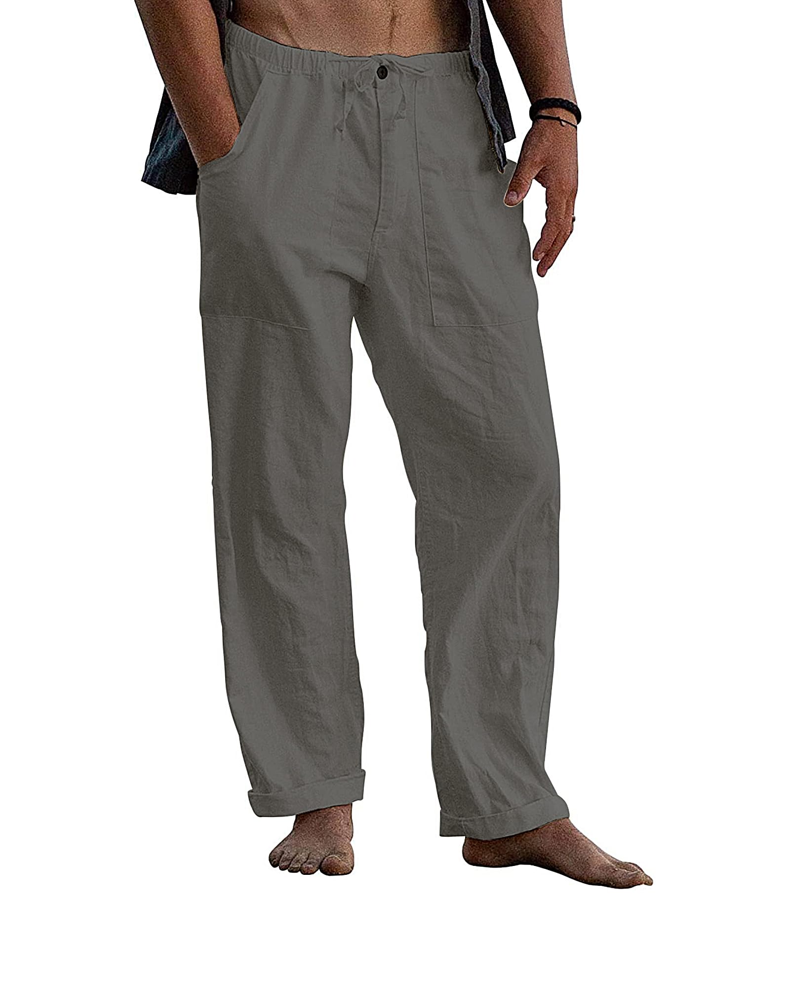 AUDATE Men's Linen Pants Casual Long Wide Pant Zipper Beach