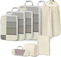 Avmvnvc Organisateur Valise, Lot de 9 Organisateurs de Voyage Sac Rangement Valise, Organiseurs de Bagage, Packing Cubes Compression pour Vêtements, Chaussures et Cosmétiques, Beige