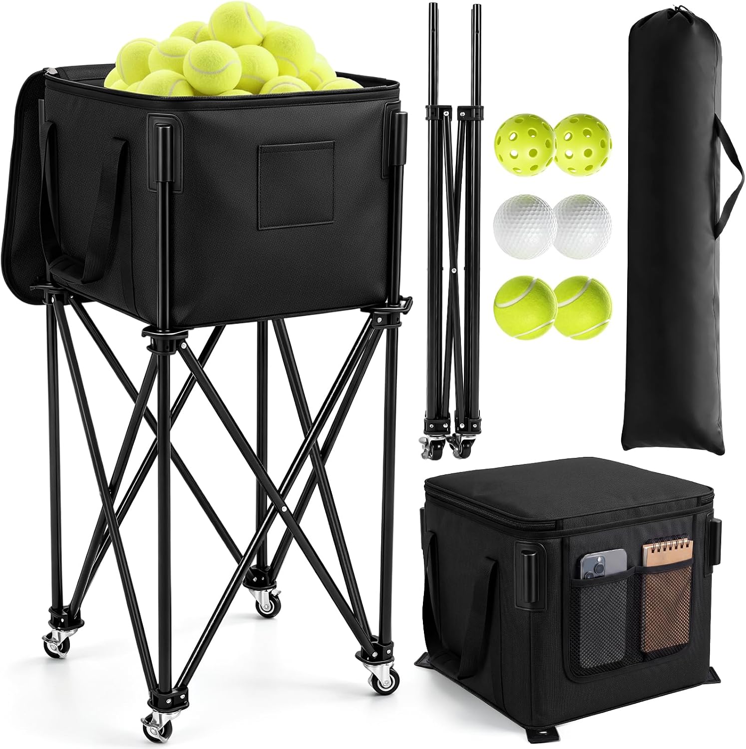 Soulchen Foldable Tennis Ball Cart Holds 200 Tennis Portable Hopper Basket with Wheels Lid Storage Bag Large Capacity Pickup Hopper Dinkball Holder Cart for Baseball Softball Paddleball Training