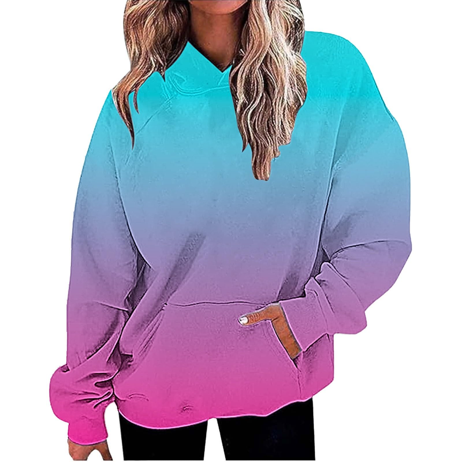 Women Oversized Hoodie Shirts Dressy Casual Long Sleeve Gradient Color Hooded Pullover Tops Loose Preppy Clothes