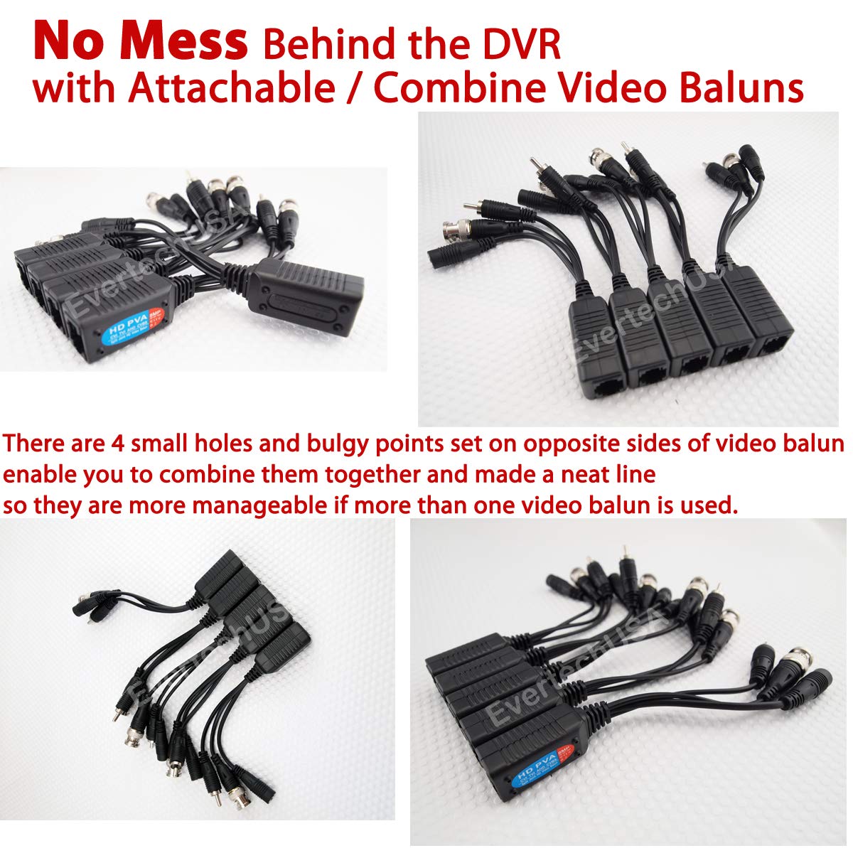 Evertech 8 Megapixel HD-CVI/TVI/AHD/CVBS Passive Video Audio Power Balun Cat5 Cat6 Data Transmitter via UTP Cable - 4 Pairs