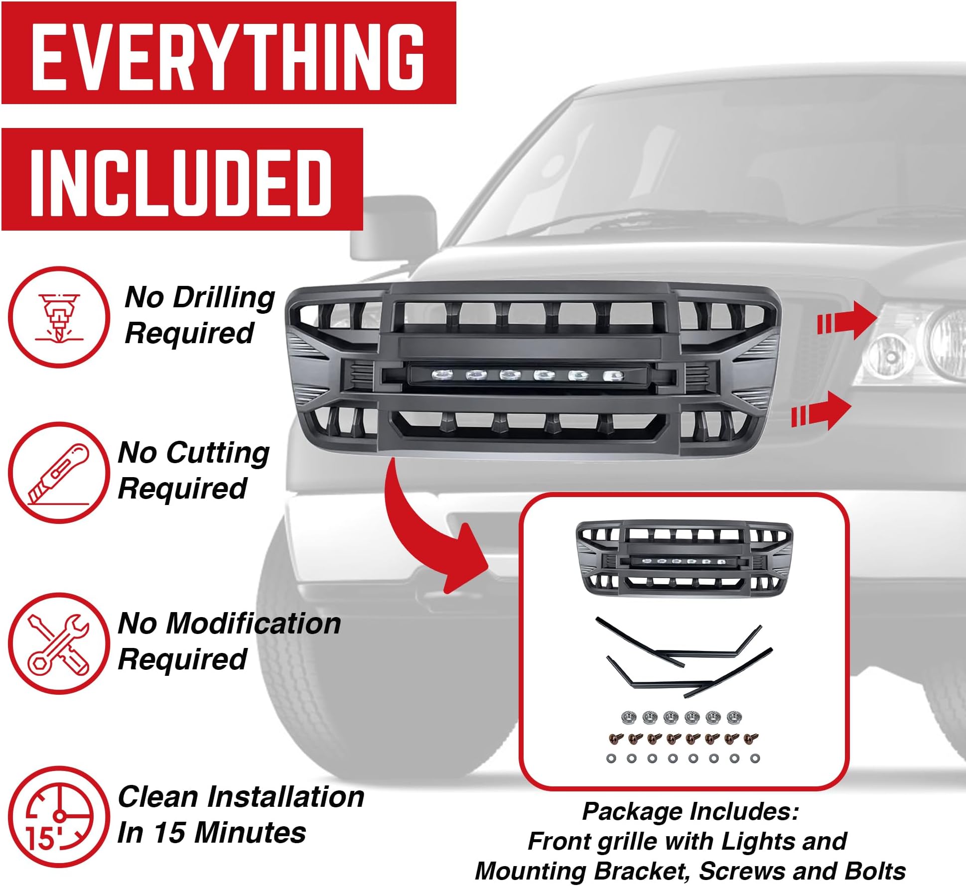 AMERICAN MODIFIED Front Grille Compatible with 2004-08 Ford F150, Replacement Grill w/Off-Road Lights, Matte Black