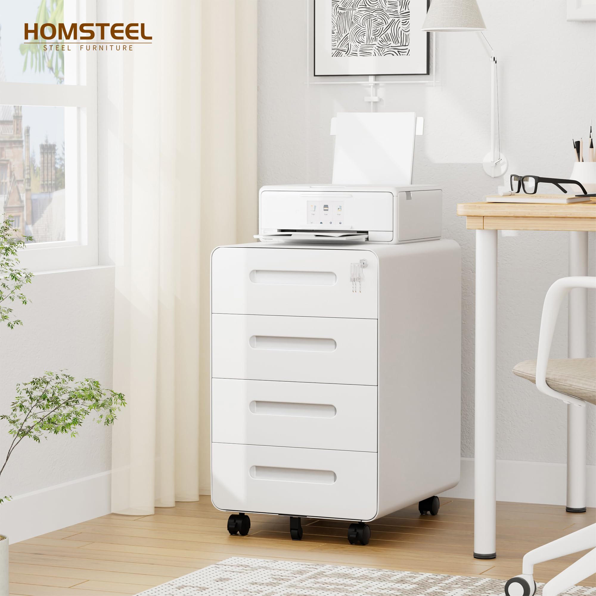Rollcontainer, Mobiler Aktenschrank mit Schloss, Abgerundeten Ecken, 4 Schlüssel, 4 Schubladen, Büroschrank aus Metall, Bereits Vormontiert, für Büro, Heimbüro, 46T x 40B x 64H cm, Weiß