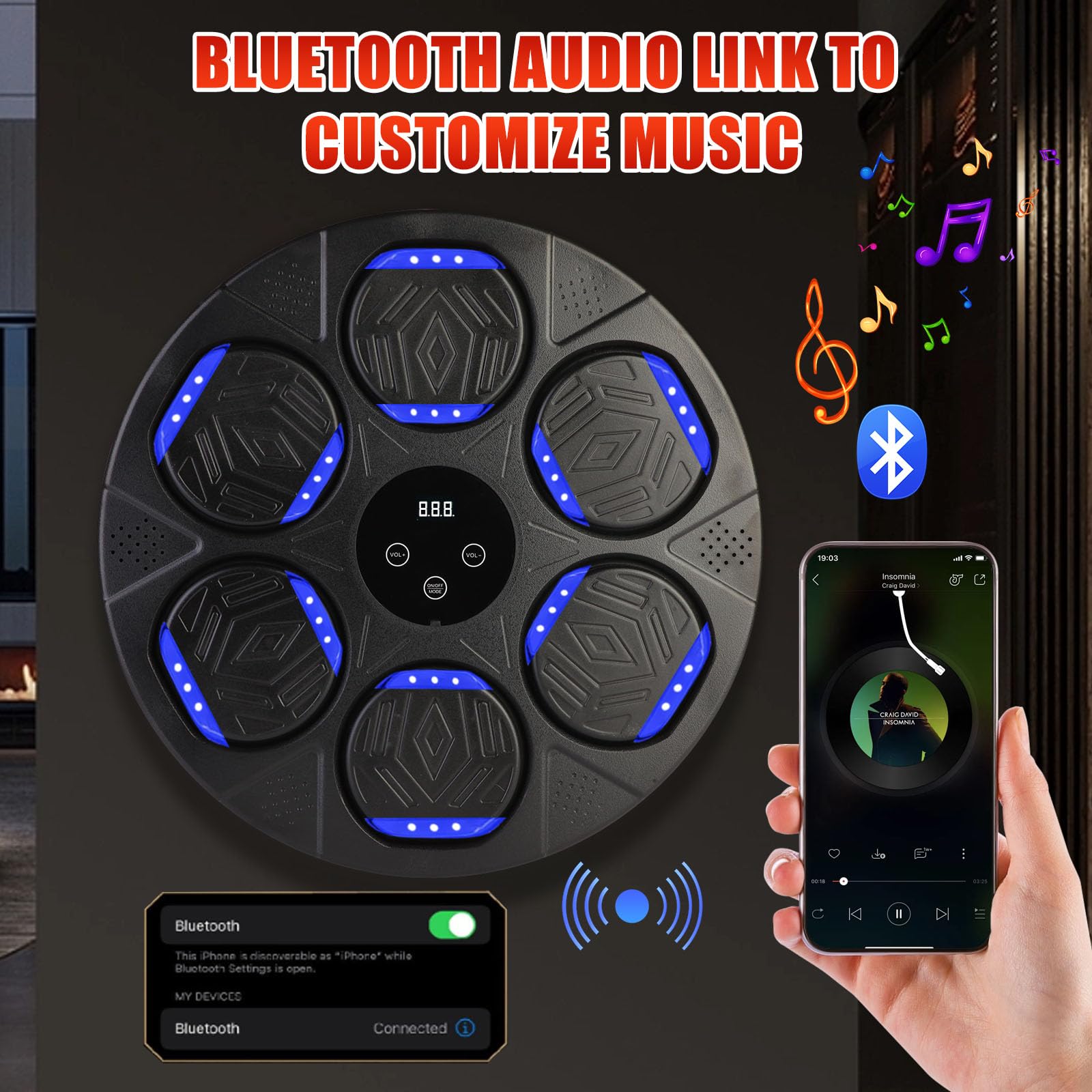 Máquina de Boxeo con Música, Máquina de Boxeo de Montaje en Pared, Entrenador de Boxeo Inteligente Bluetooth con Luz LED, 7 Modos de Velocidad, Guantes de Boxeo para Adultos y Niños para