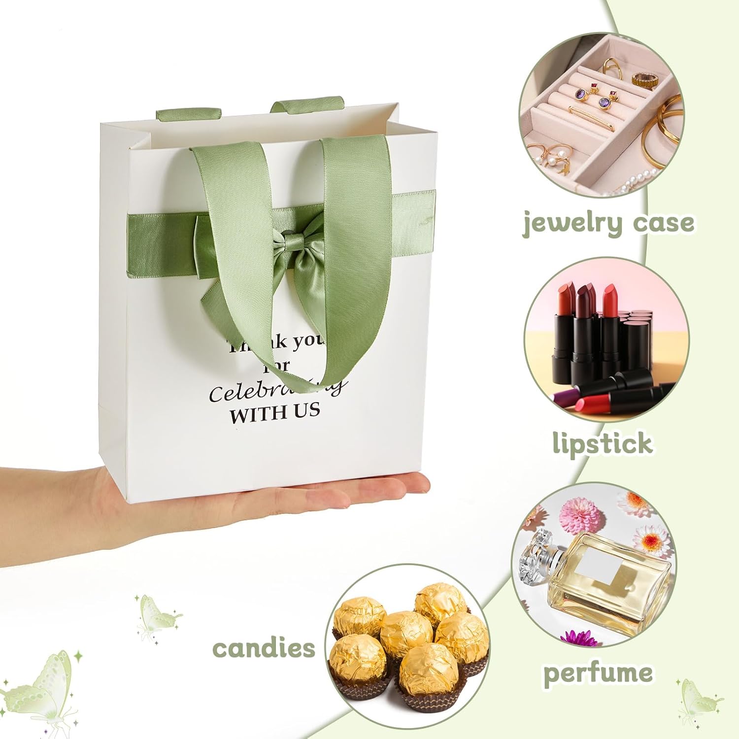 50 Pcs Wedding Gift Bags for Guests Bulk with Bow Ribbon Handles 6.2x7.2x2.5 Inch Wedding Favor Bag Thank You Gift Bags Bridesmaid Bags for Party Bridal Shower Valentine Birthday Supplies(Sage Green)