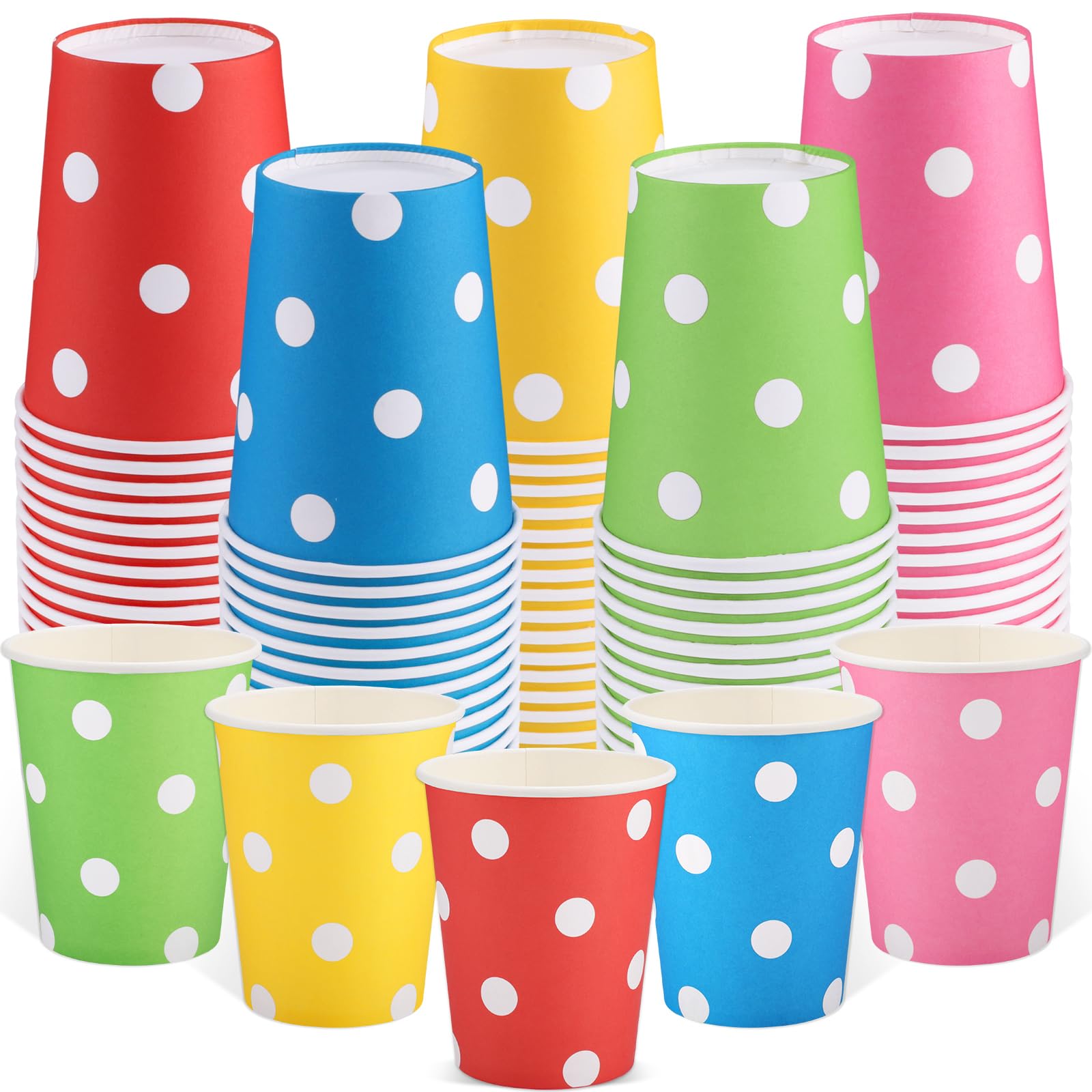 NatNarr 100 Pack Polka Dot Paper Cups, 9oz Colored Party Cup Disposable Rainbow Paper Cups Bulk, Drinking Cup for DIY Birthday Wedding Holiday Party Supplies, 5 Colors