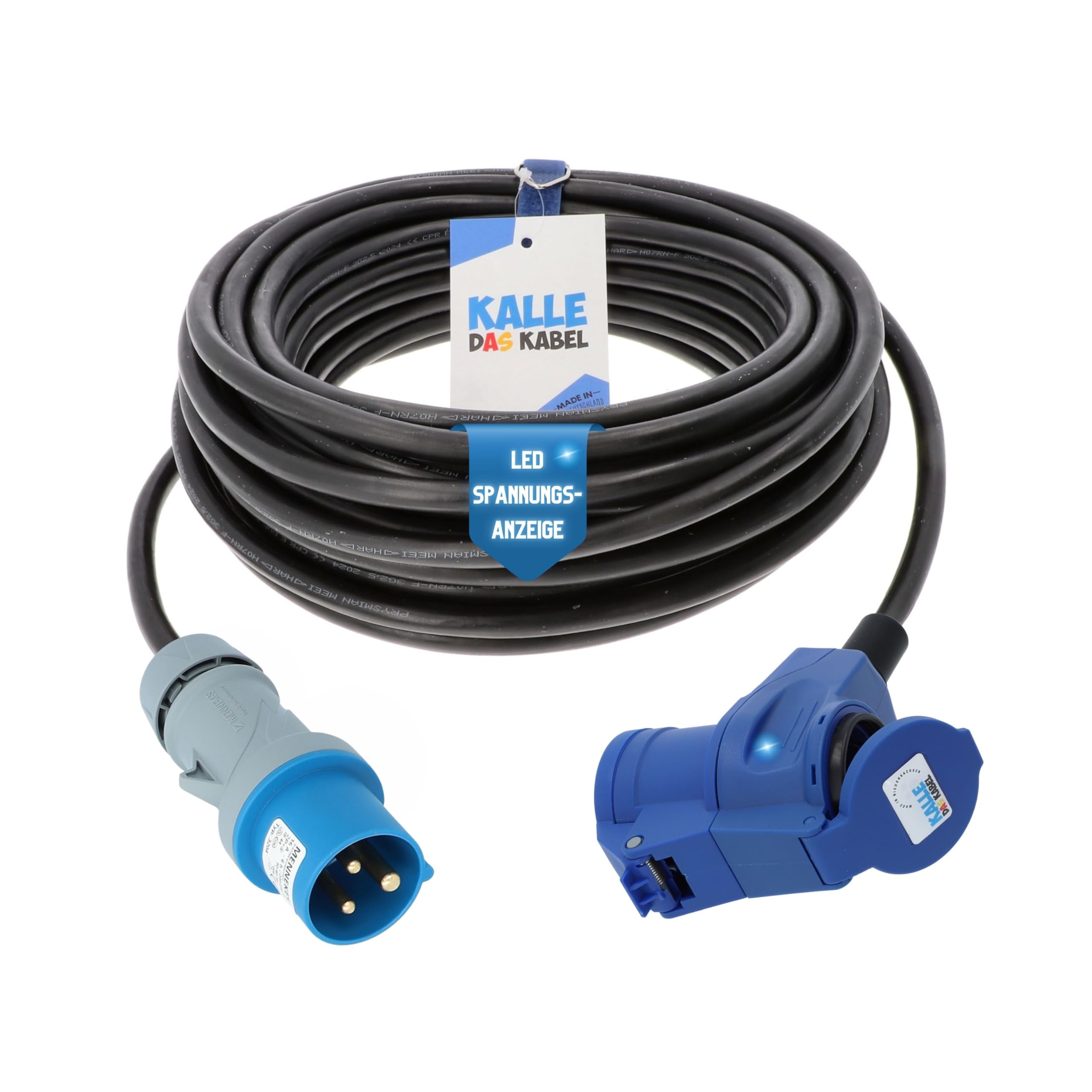 KALLE DAS KABEL CEE Verlängerungskabel 230V 16A – H07RN-F 3G 2,5 mm², CEE Stecker auf CEE Winkelkupplung mit Schukosteckdose & LED Spannungsanzeige, IP44, Schwarz Gummi, Camping Caravan 25 Meter