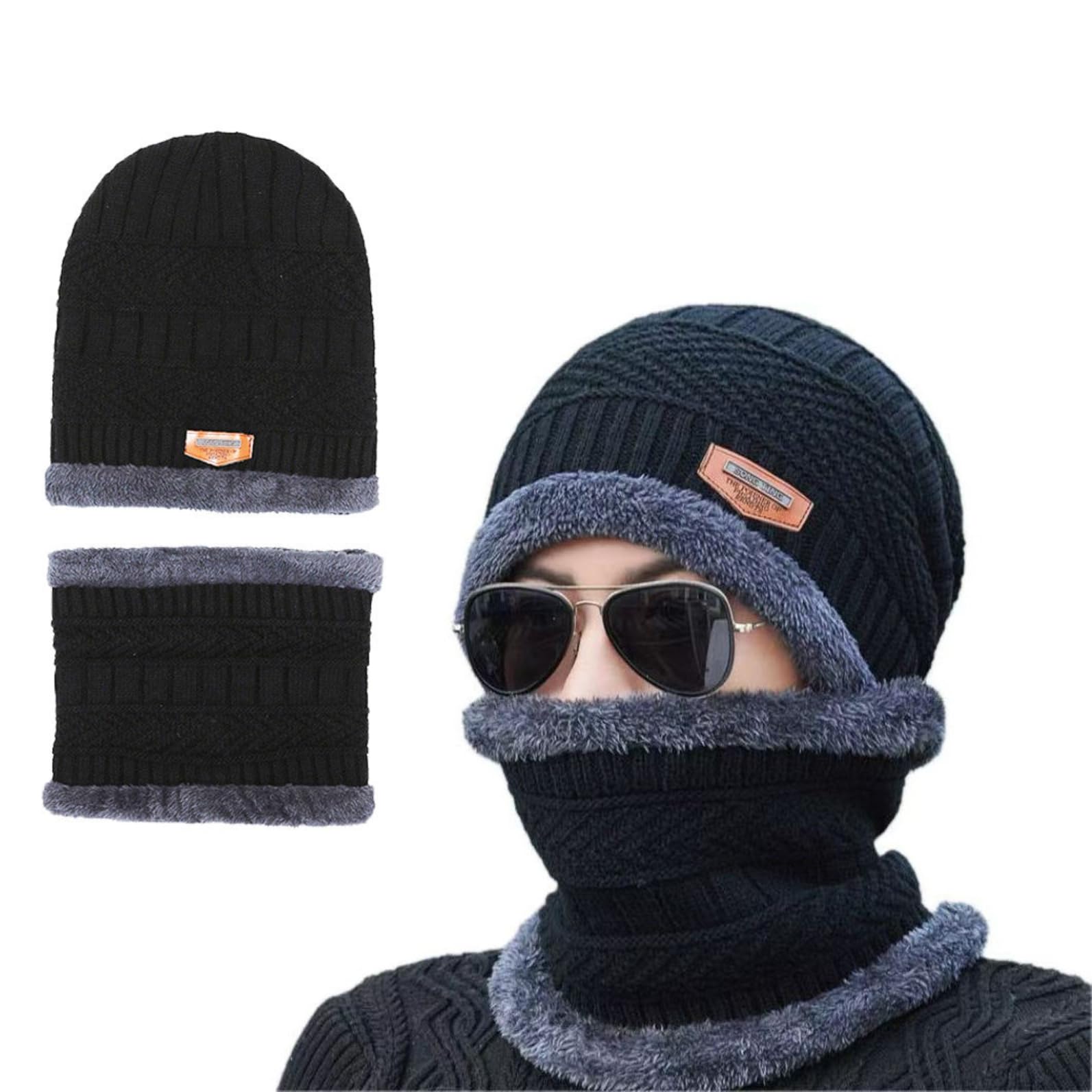Winter Fleece-Lined Knitted Beanie Cap & Neck Warmer Set for Men & Women | Super Soft Thermal Woollen Cap with Scarf | Windproof, Stretchable & Warm Winter Wear for Outdoor, Riding & Daily Use