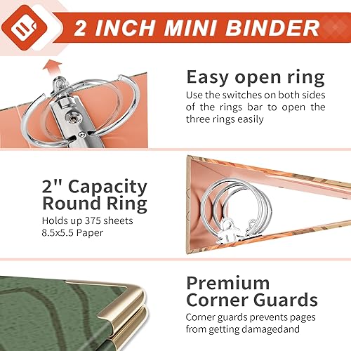 Miniatura 3 de Carpeta pequeña de 2 pulgadas, 3 anillos para papel de 5.5 x 8.5 pulgadas, bonita carpeta pequeña de tres anillos con separadores de 5 pestañas y