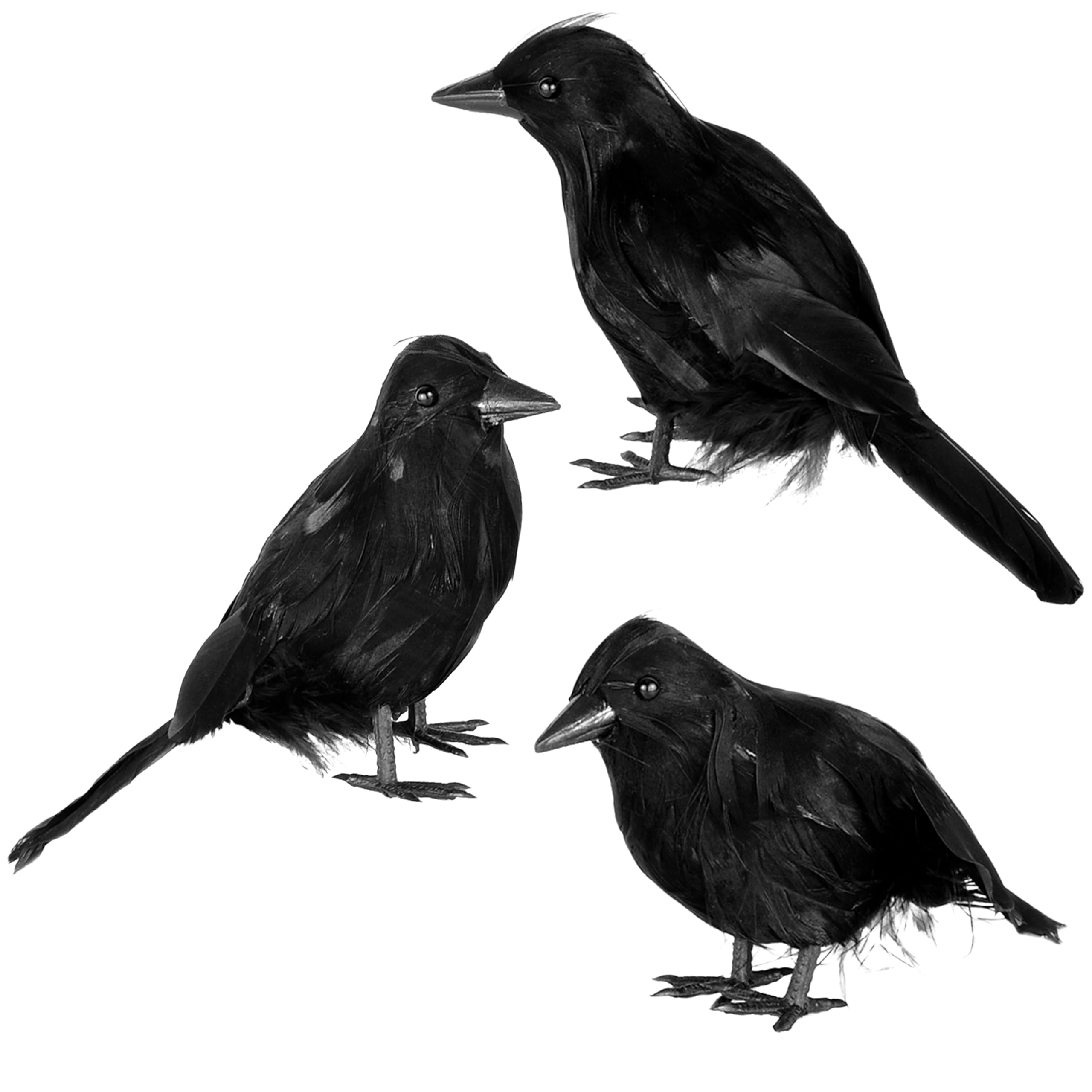 JOYIN 3 Pack Black Feathered Crows Halloween Decorations, Realistic Fake Crows, Tabletop, Lifelike Feather Detail