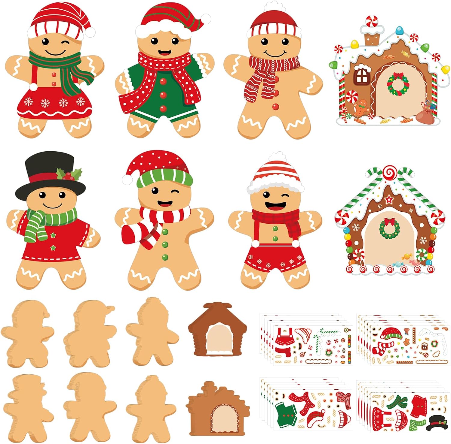 COCHIE 48Pcs DIY Christmas Craft Kits for Kids, Christmas Gingerbread Man Craft Art Kit, Make Your Own Christmas Craft Xmas Party Decor DIY Gingerbread House Cutouts for Holiday Handcraft Supplies