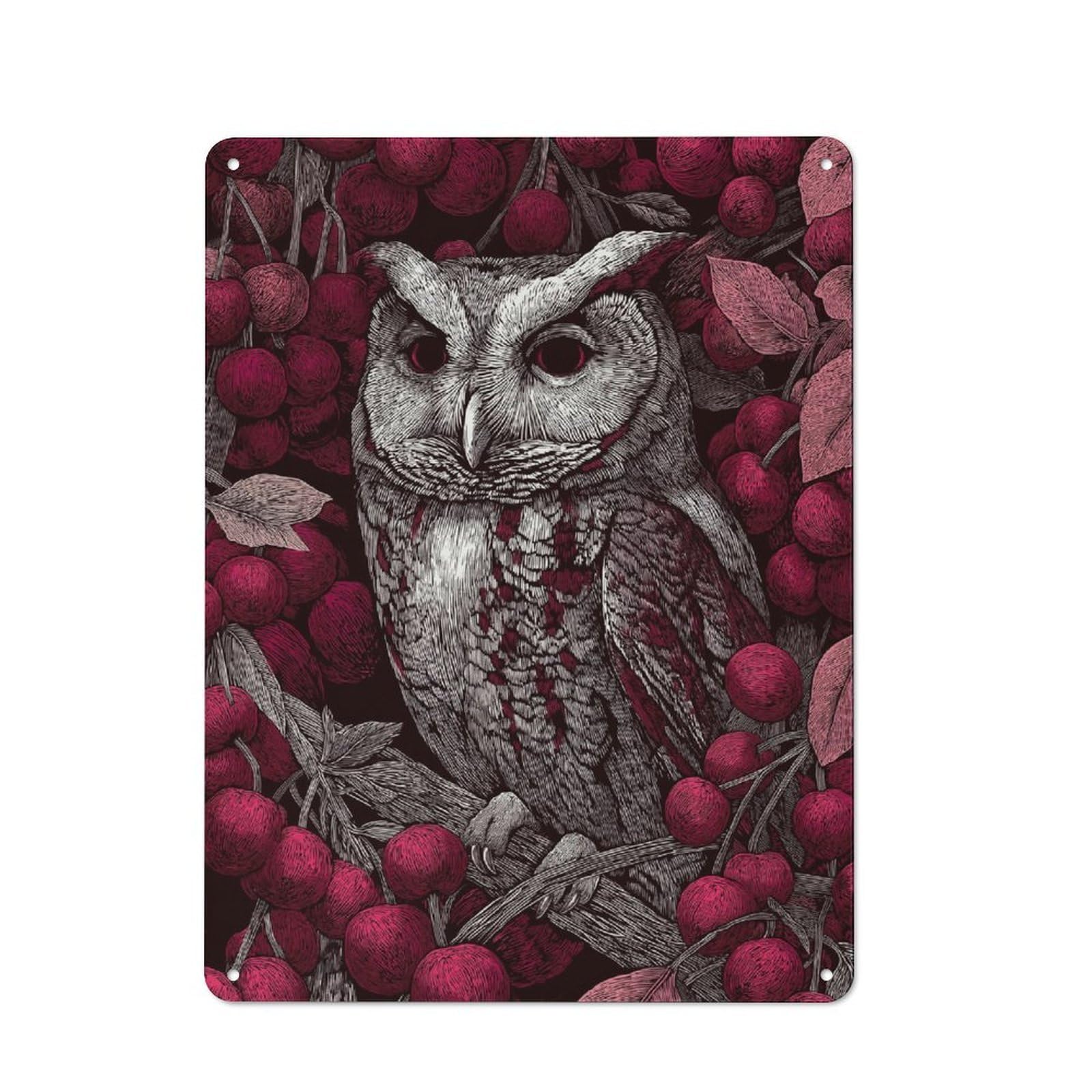 Junmoney Owl Among Berries Metal Wall Sign 40X30cm Featuring For Garage Or Workshop, For Home Office, Studio And Craft Room Walls