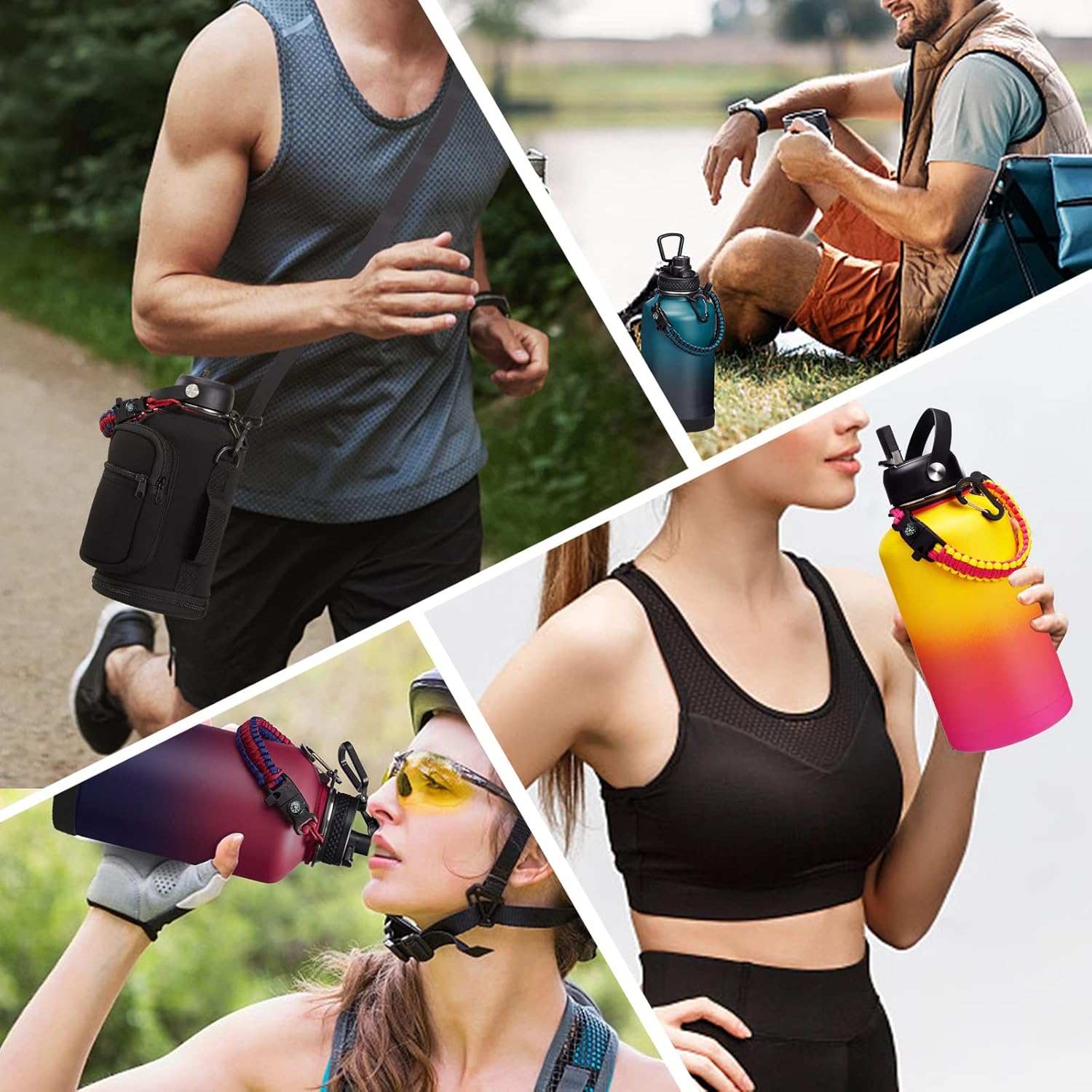 64oz Water Bottle Stainless Steel - with Paracord Handle, Straw & Auto Spout Lids, Shoulder Carrier Bag & Insulated Bottle Protective Boot, Sweat-Proof Half Gallon Metal Insulated Flask Wide-mouth - Image 8