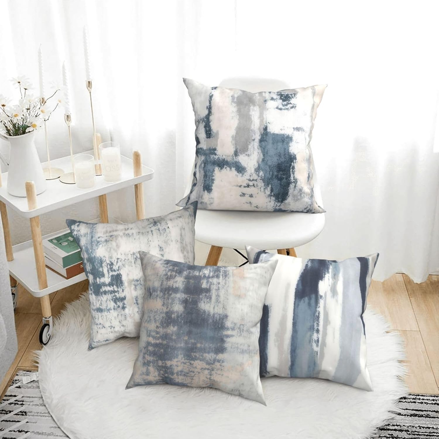Modern Abstract Throw Pillow Covers 18x18 inch Set of 4 Blue White and Gray Accent Pillow Cases Art Decorative Cushion Covers for Sofa Couch Bedroom