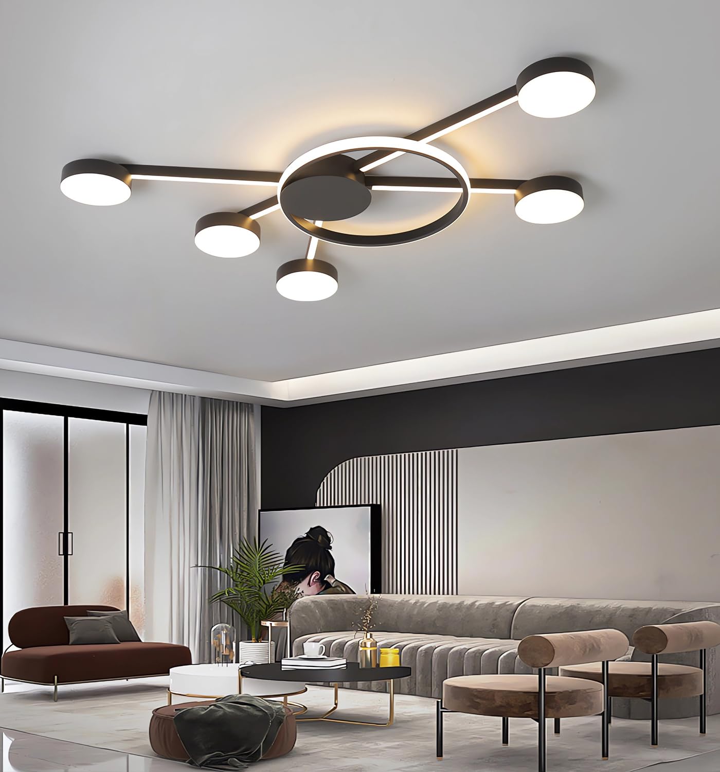 Moderne LED-Deckenleuchte Mode Runde Deckenleuchten Dimmbare Büro Deckenlampe Wohnzimmer Fernbedienung Deckenbeleuchtung für Schlafzimmer Arbeitszimmer Esszimmer (Schwarz L100 cm)