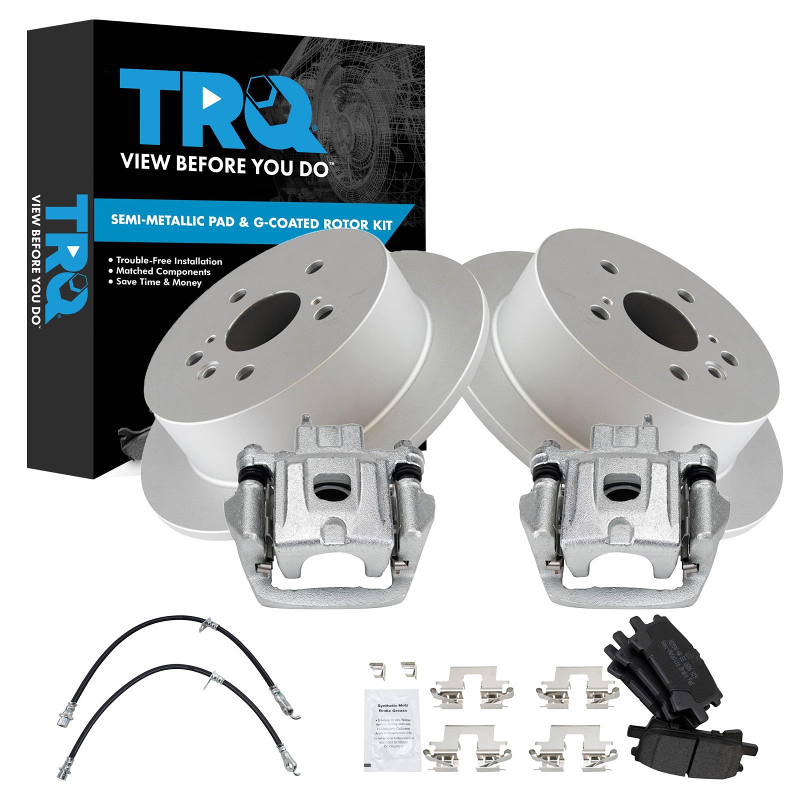 TRQ Rear Brake Pad and Rotor Set Semi Metallic Coated Rotors Calipers Compatible with 2004-2006 Lexus RX330 2006-2007 RX400h 2006-2007 Toyota Highlander Front Wheel Drive