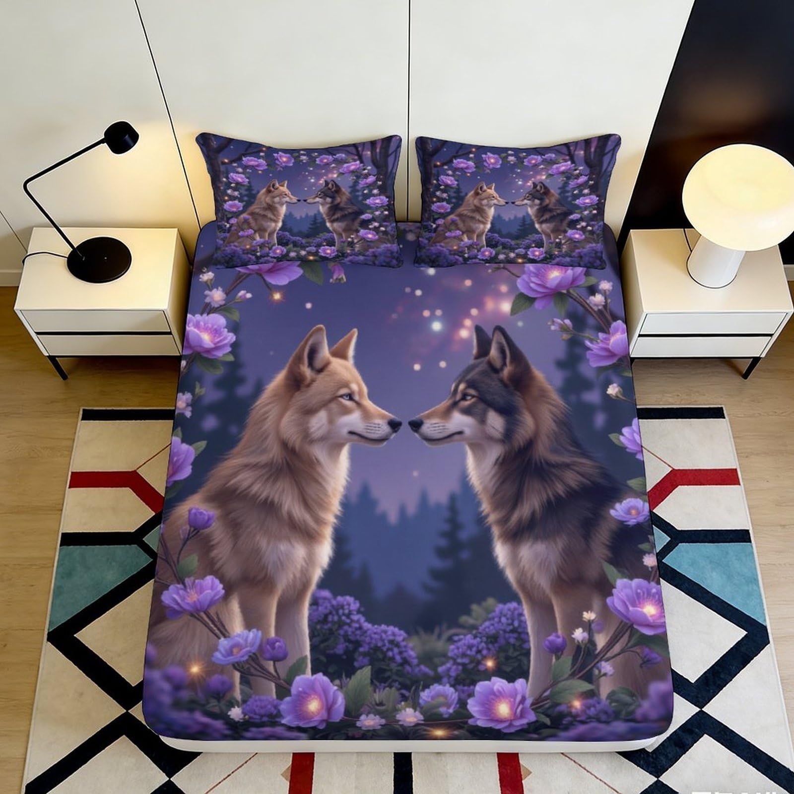 3D Printed Wolf Forest Fitted Sheet Microfiber Floral Bed Cover for Bedroom Guestroom Easy Clean Decor 90x200x25cm