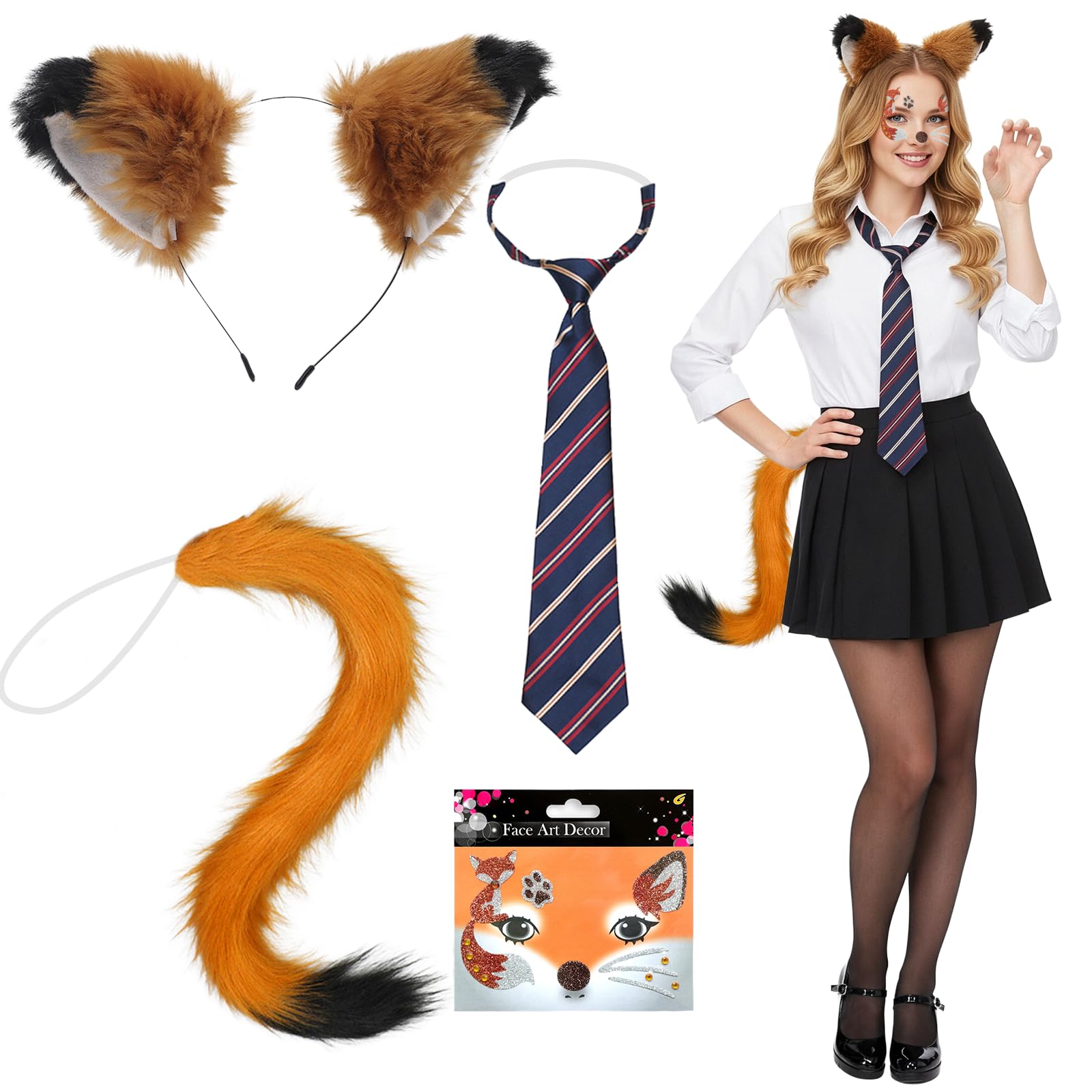 YAEGIMHT 4 Pcs Fox Costume Accessory Set, Carnival Fox Costume with Fox Ears, Headband, Fox Tail, Tie, Face Stickers, Animal Costume for Adults, Fox Dress-Up Carnival Halloween Cosplay