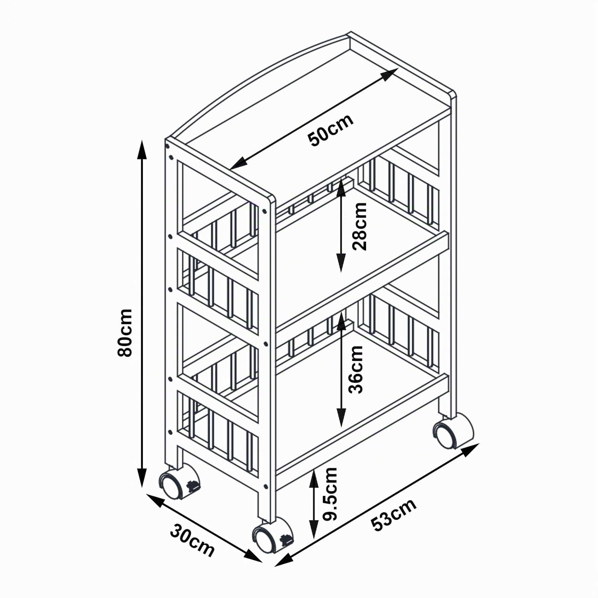 [en.casa] Carro de Servicio Huddinge de 3 Niveles Carrito de Restaurante Estantería de Baño con 3 Estantes y 4 Ruedas Carrito de Cocina Versátil Bambú 80 x 53 x 30 cm - Natural y Negro