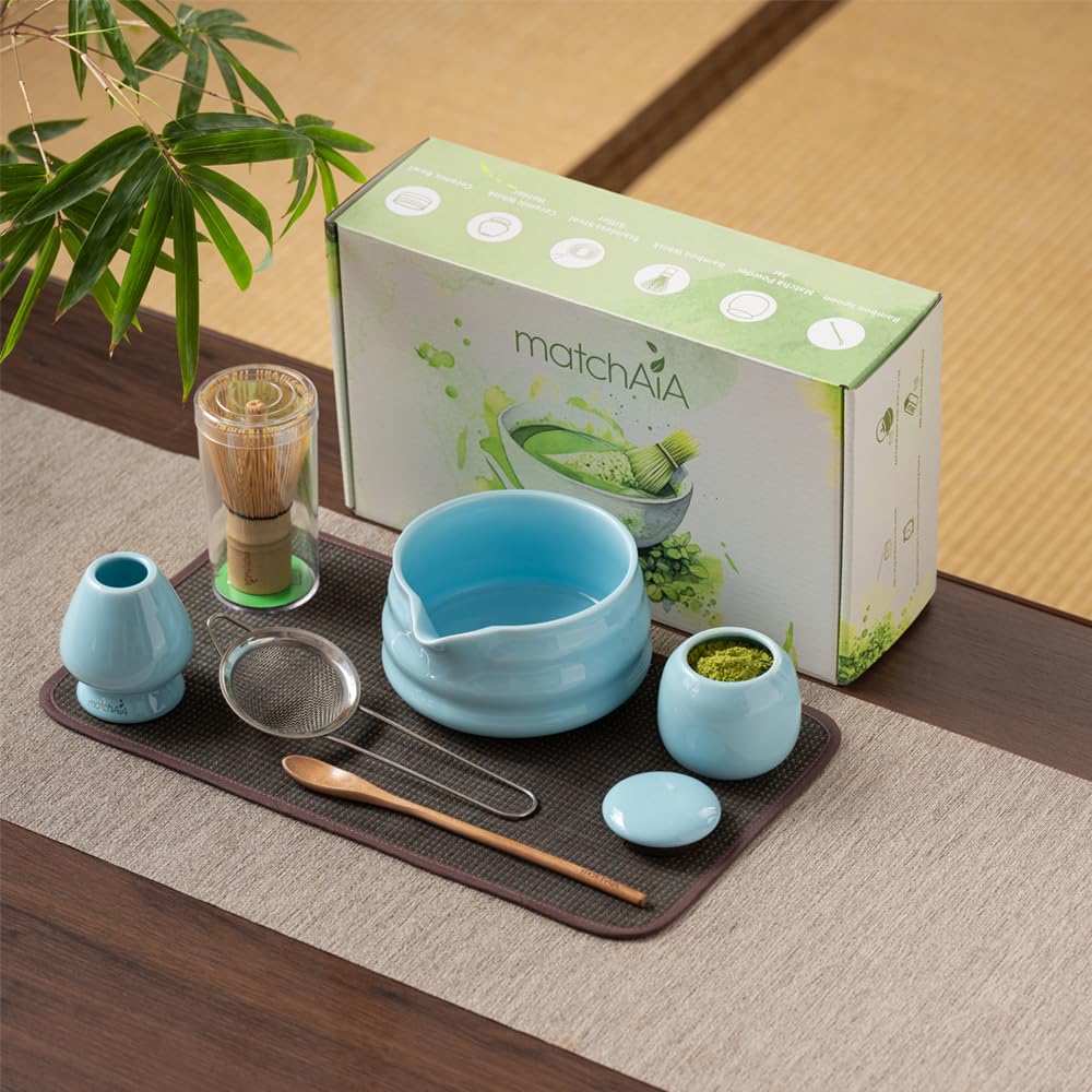 6 Pcs Matcha Set - Ceramic Bowl with Spout, Matcha Whisk with Holder, Tea Powder Canister, Sifter and Spoon, Complete Kit for Traditional Matcha, Modern Lattes, and Tea Ceremonies (Blue)