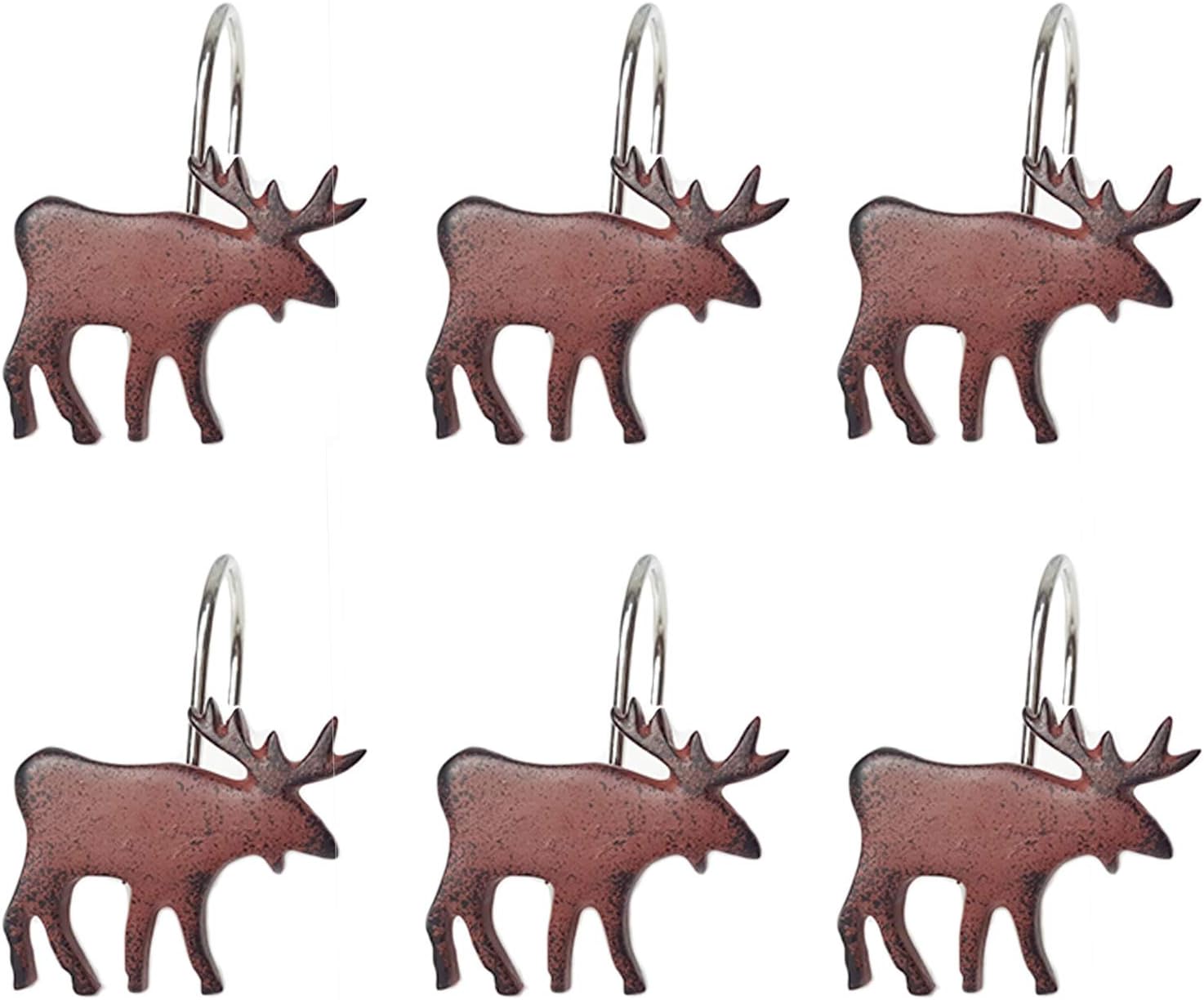 Rustic Elk Moose Deer Shower Curtain Hooks Anti Rust Decorative Resin Hooks Vintage Animal Countryside Farmhouse Style Bathroom Shower Curtain Rings Brown - Set of 12