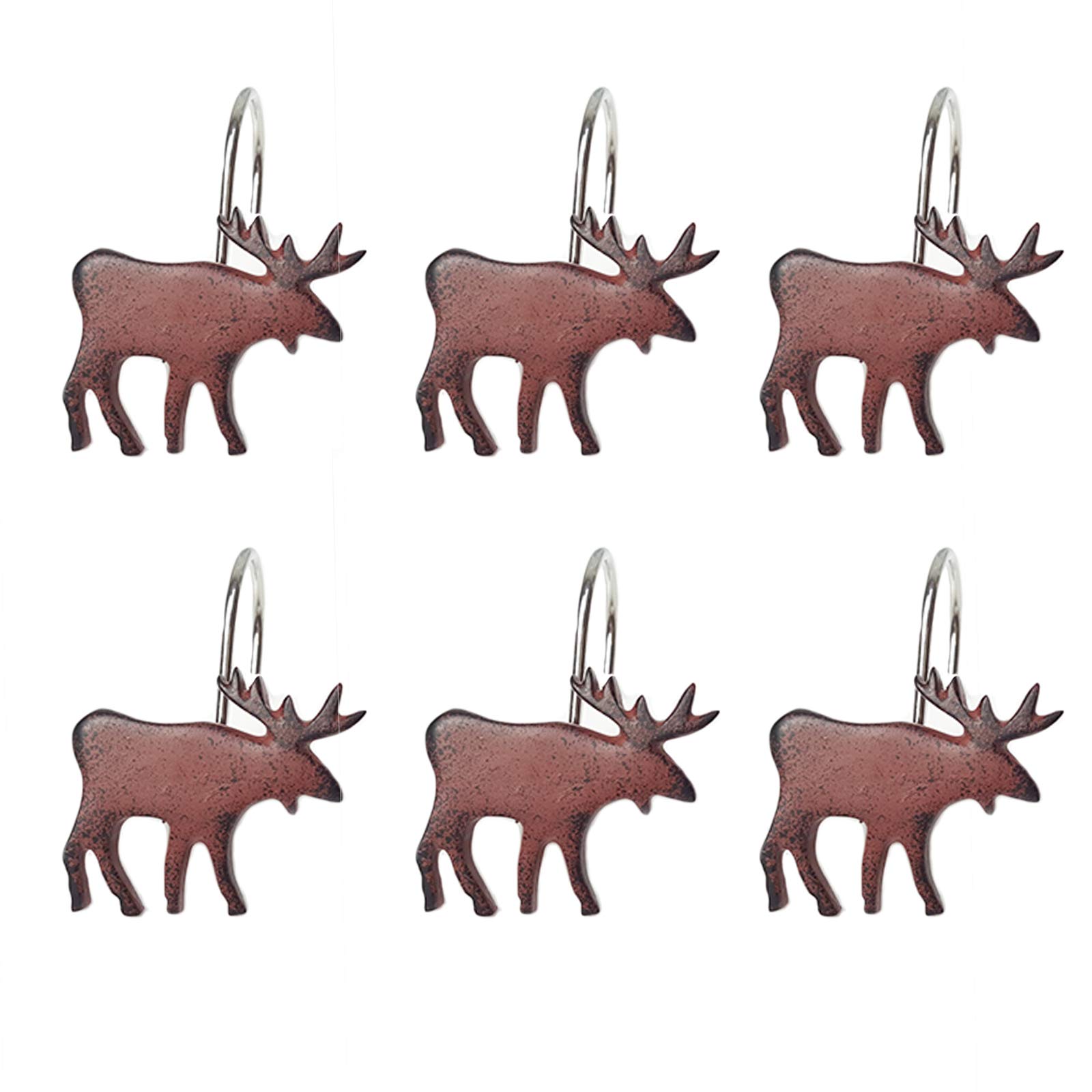 Rustic Elk Moose Deer Shower Curtain Hooks Anti Rust Decorative Resin Hooks Vintage Animal Countryside Farmhouse Style Bathroom Shower Curtain Rings Brown - Set of 12