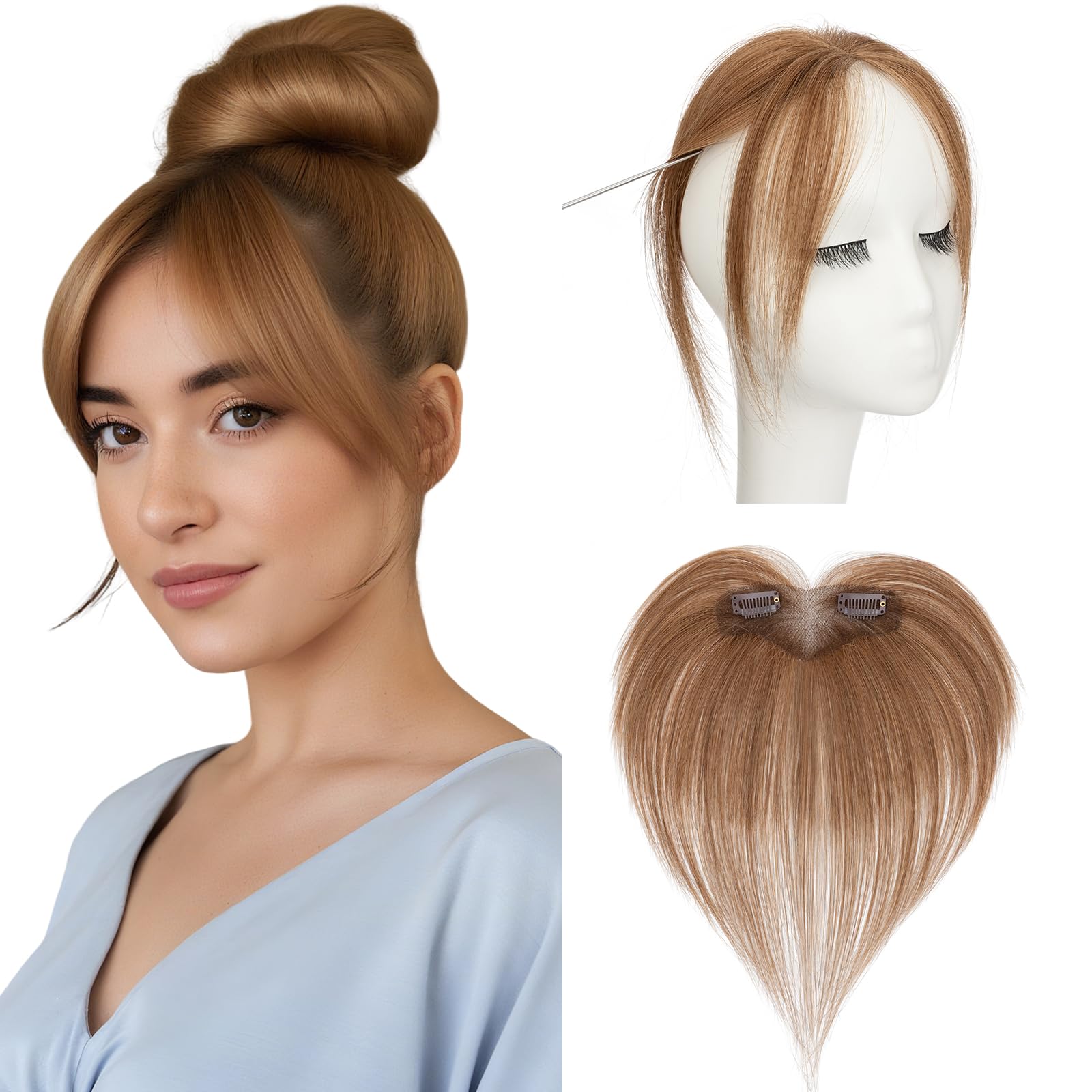Elailite Real Hair Fringe Clip in Human Hair Side Bangs Split Curtain Bangs Real Hair Lace Base 360°Cover Top HairPieces 8 Inch