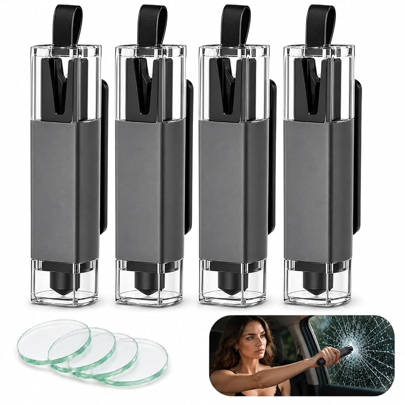 Quebrador de Vidro Automotivo com Cortador de Cinto, Acionamento por Pressão, AWTFYCPY, Cinza, Kit com 4
