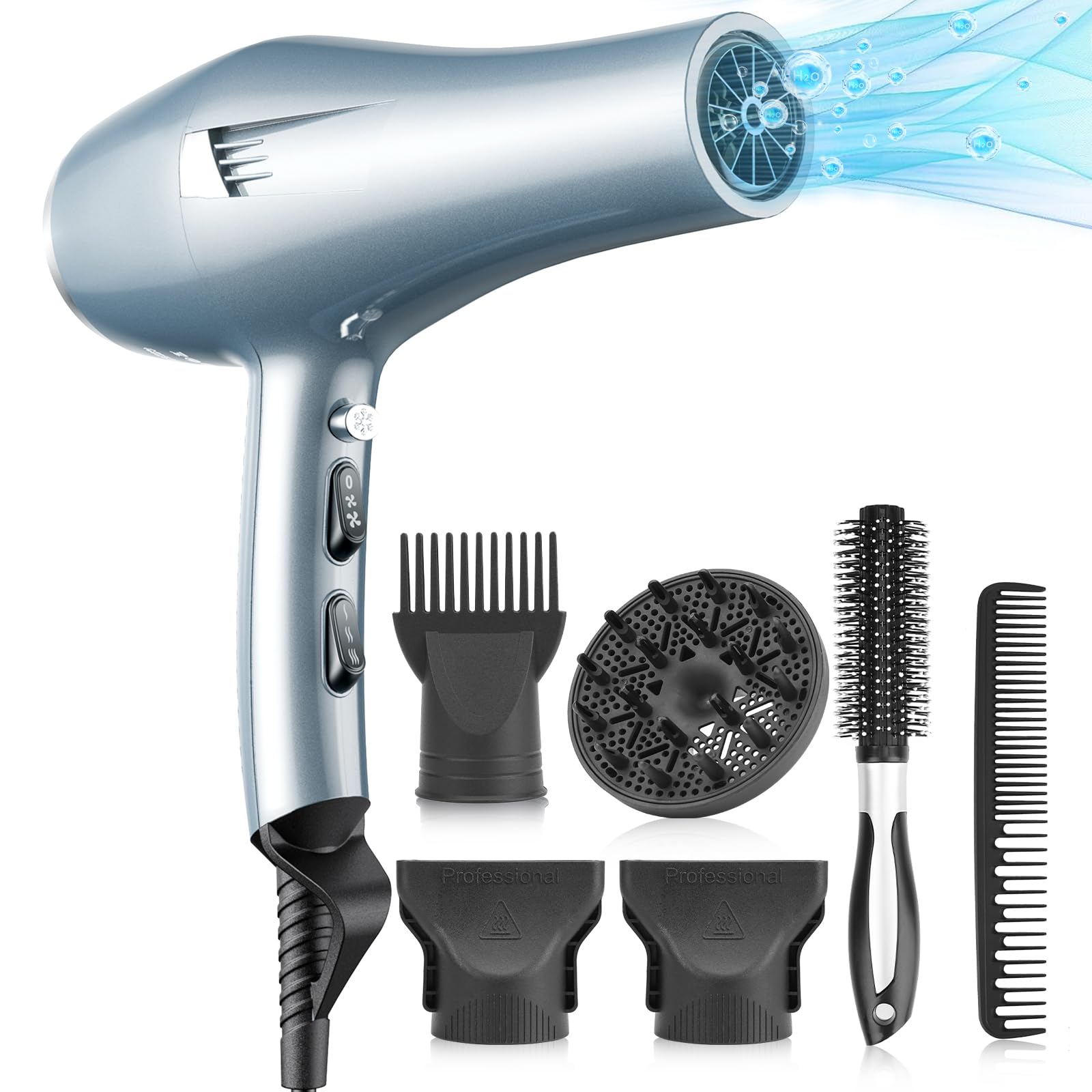 Asciugacapelli Professionale con Potente Motore 33 m/s, Phon Capelli Ionico per Asciugatura Rapida e Styling, 7 Modalità Calore e Velocità, Uso Domestico e Saloni, Design Elegante Grigio-Blu
