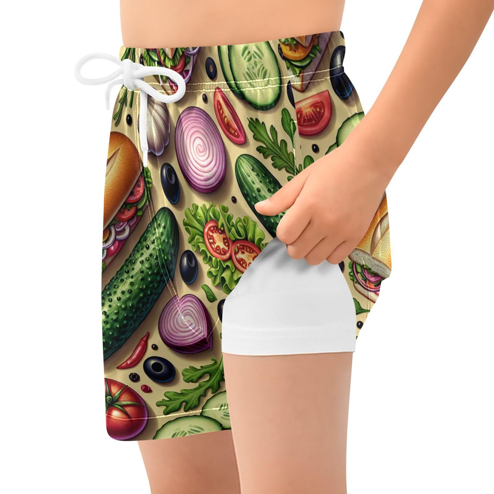 YANENDIE Boy Swim Trunks with Compression Liner Vegetables and Sandwiches Boys Swim Shorts Quick Dry Beach Shorts