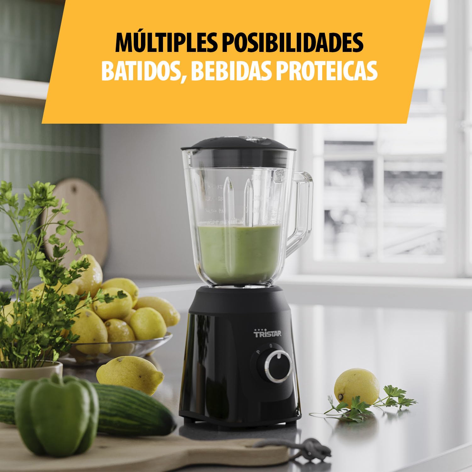 Tristar Batidora, jarra batidora de cristal de 1 litro, 2 velocidades, función pulso para picar hielo, piezas aptas para lavavajillas, negra, 350 W, Smoothie Maker BL-4482