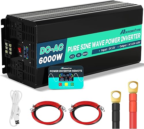 Miniatura 1 de Inversor de onda sinusoidal pura de 6000 W, 12 V CC a 110 V CA con control remoto inalámbrico, pantalla LCD, 4 salidas de CA, 1 USB y bloques de