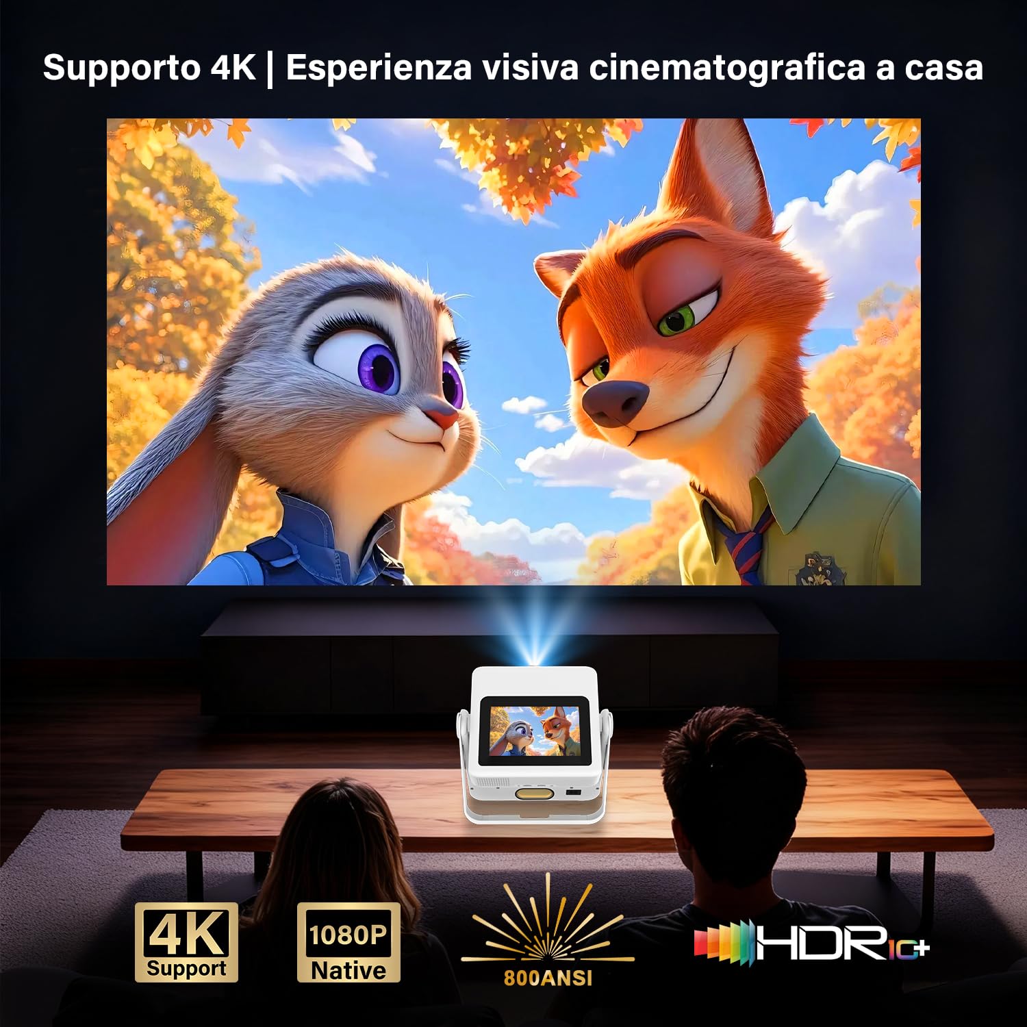 Proiettore Smart 4K Supportato con Touchscreen 7" e Doppio Display, Autofocus e Correzione Trapezoidale Automatica, WiFi 6 Bluetooth, HDR10, Videoproiettore Home Cinema per Smartphone, PC e Console