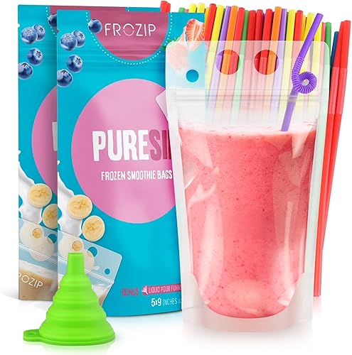 Miniatura 7 de Frozip 50 bolsas de bebidas de 16 onzas para adultos, bolsas de bebida con popotes x50 y embudo, bolsas resellables para batidos y bolsas