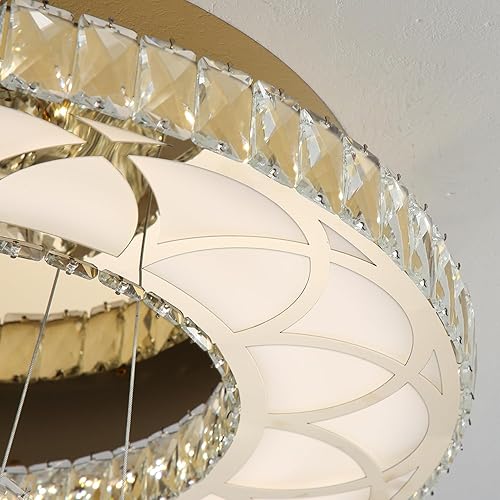 Miniatura 8 de Flashing God W24 - Candelabros modernos de cristal dorado para sala de estar, lámpara de techo redonda de cristal de 3 anillos, luz LED regulable