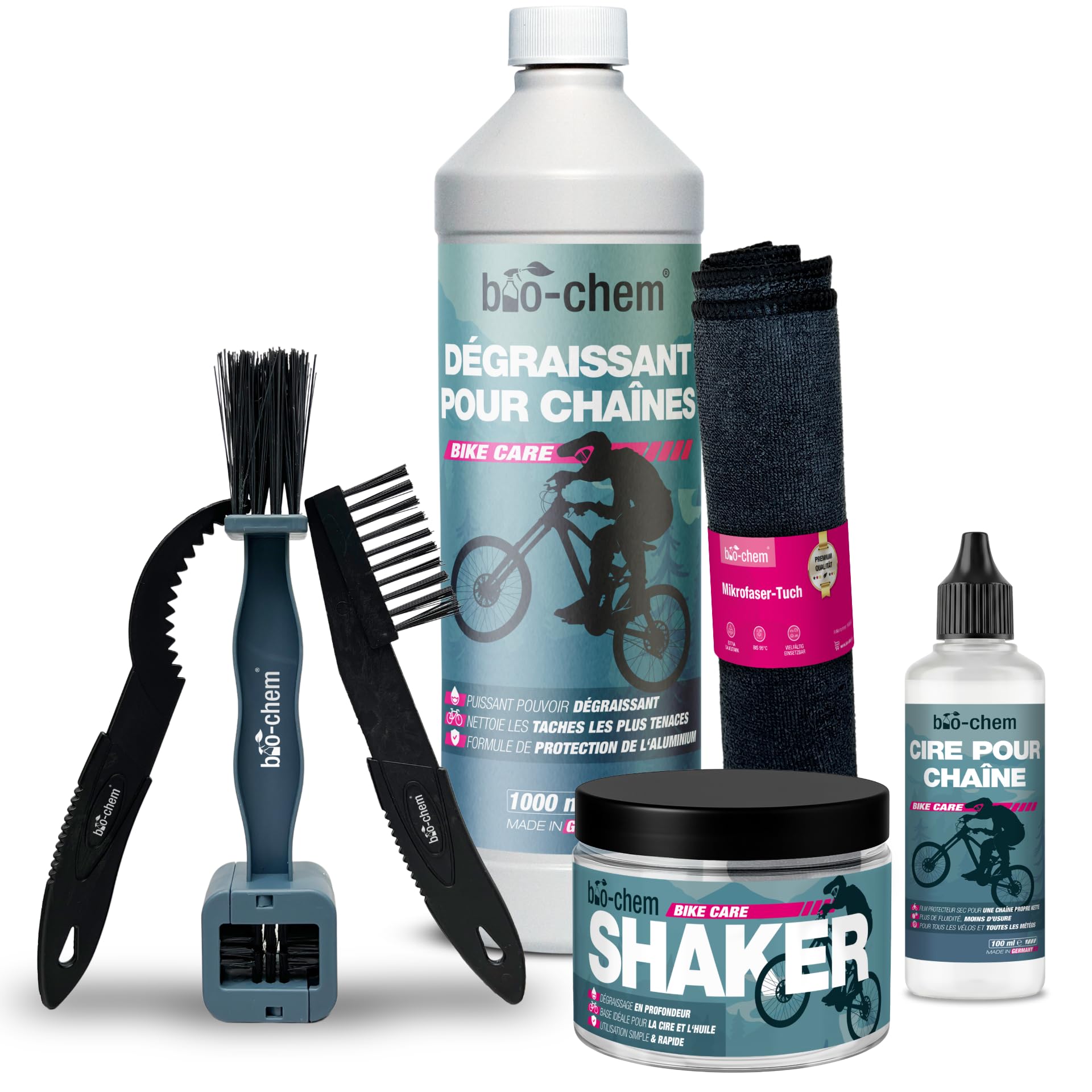 bio-chem Système de cire pour chaînes 7 produits pour vélos | Dégraissant vtt 1L - Cire pour chaine de vélo 100ml - Shaker + chiffon microfibres + set 3 brosses de nettoyage