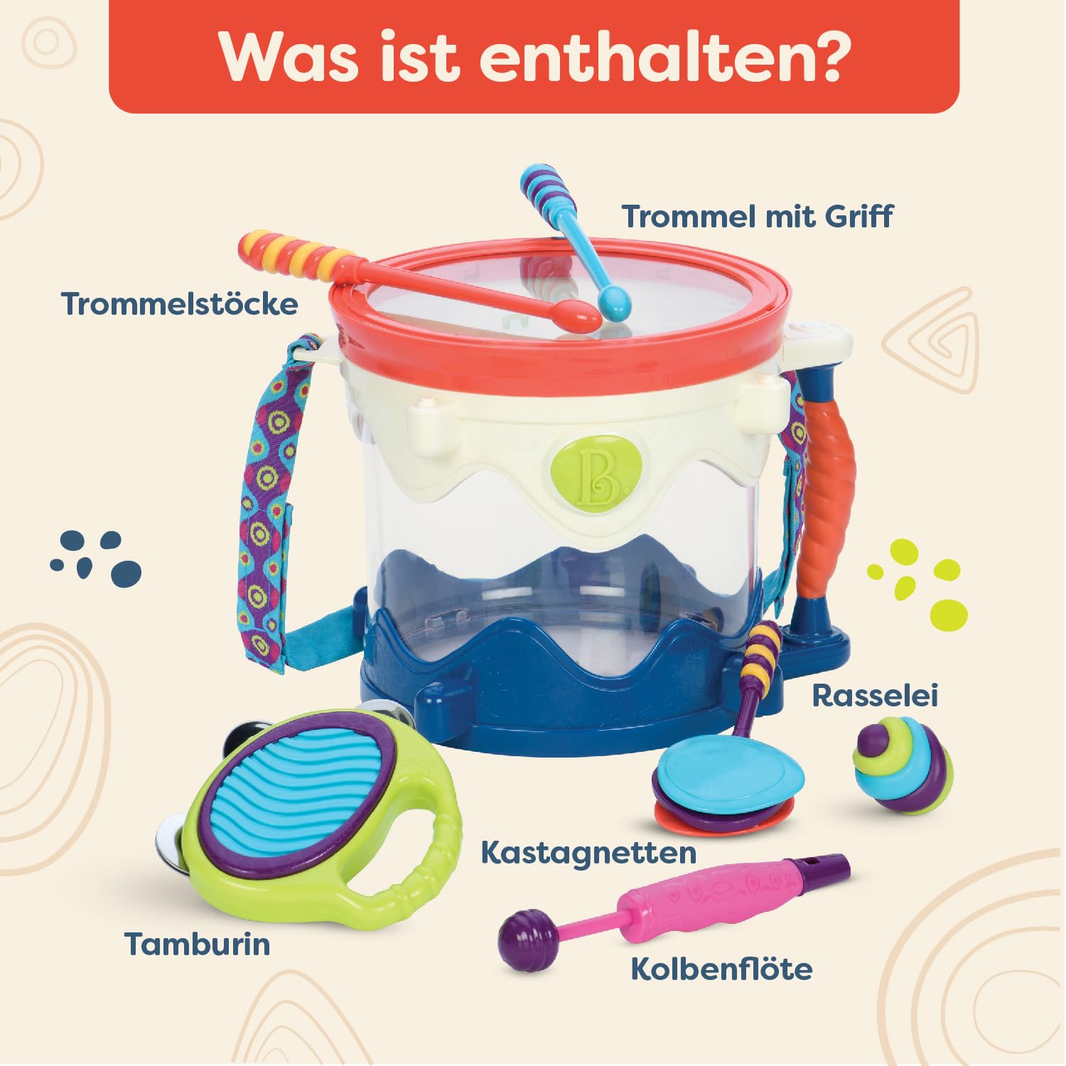 B. toys - Trommelwirbel, Bitte! - Tragbares Schlagzeug - Musikinstrumente für Kinder - Percussion-Spielzeug für Kleinkinder, Kinder - Tamburin, Kastagnetten, Pfeife - 18 Monate +
