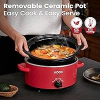 Vista 4 de KOOC 4-Quart Slow Cooker, 3 Cooking Settings, Dishwasher Safe Ceramic Crock, Lid, Free Pot Liners Included, RED, Ellipse Pot