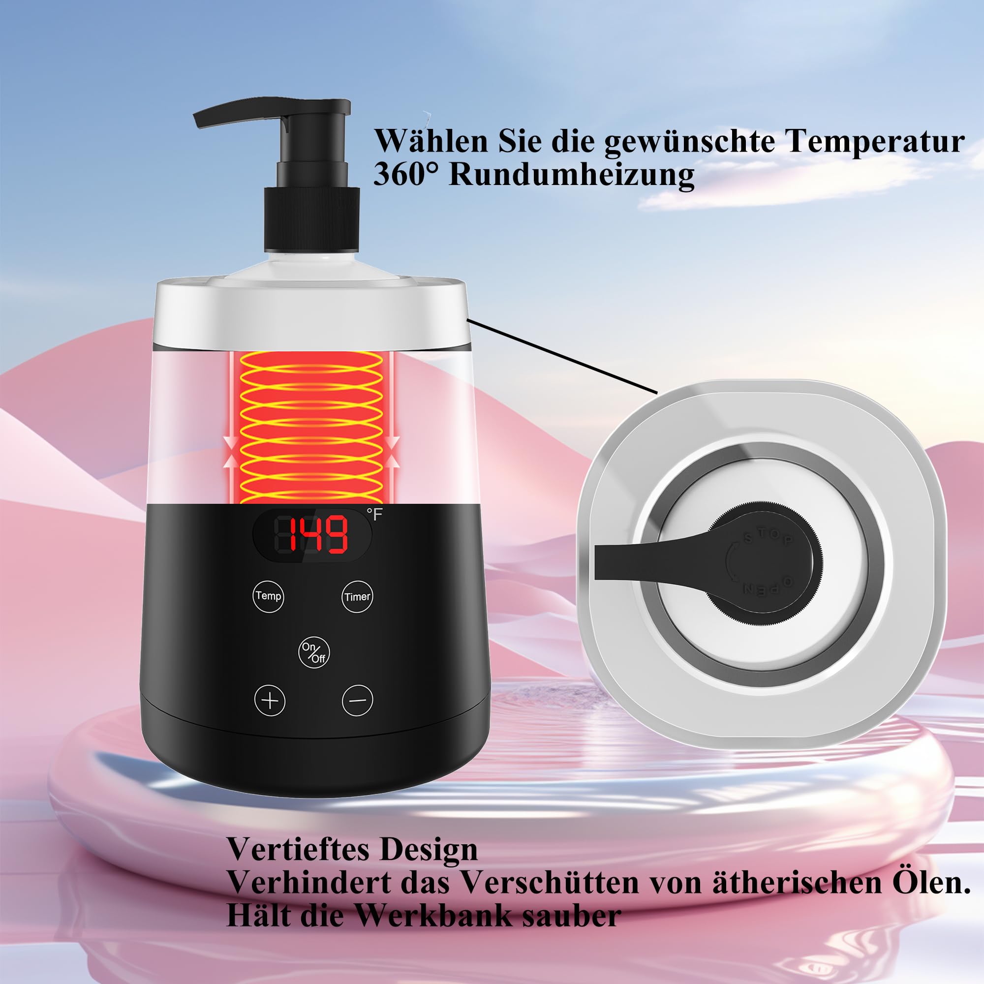 Massageöl Wärmer, Öl Erwärmer mit zwei Ölflaschenspender, 0-65°C, Lotion Flaschenwärmer, Schwarz