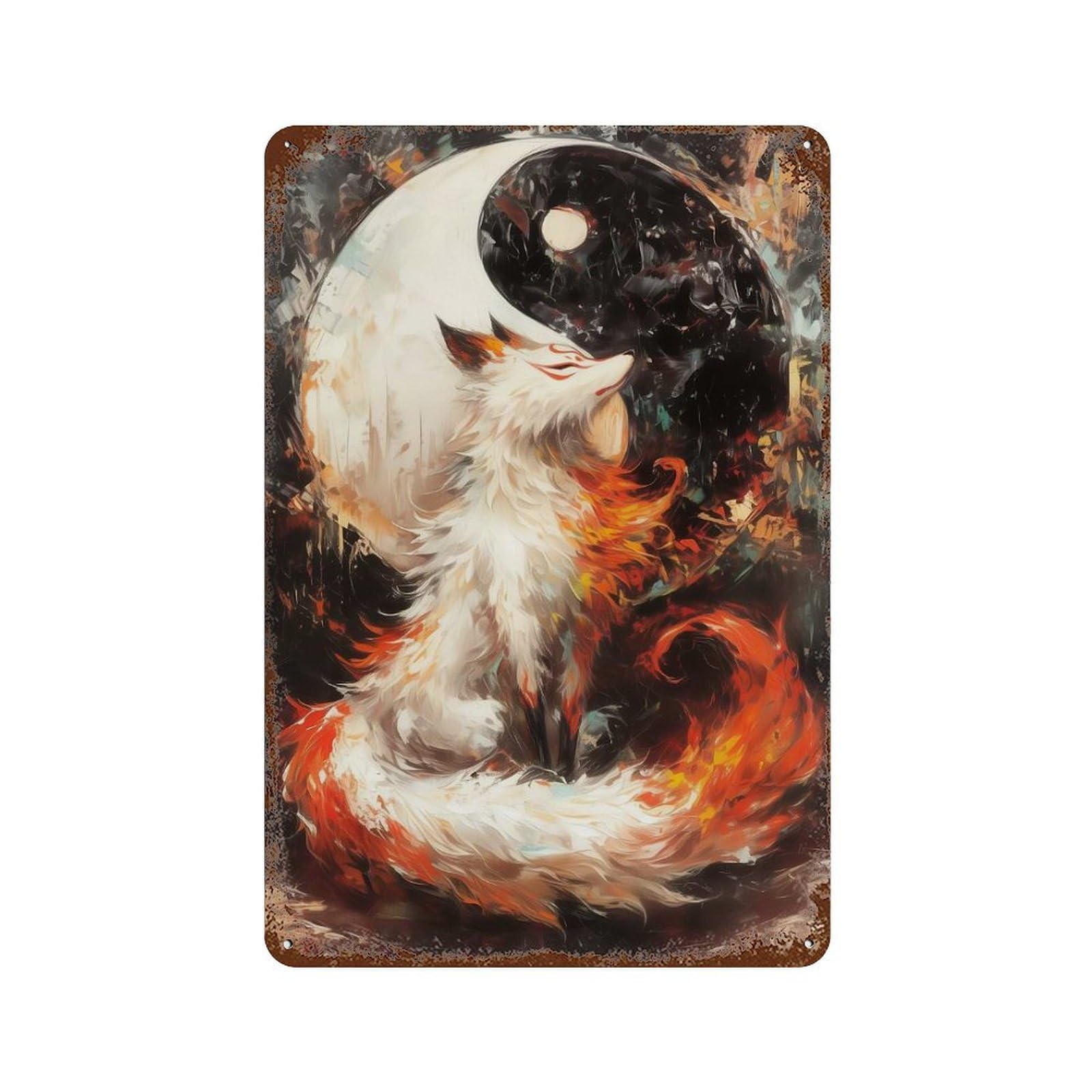 Kitsune And Yin Yang 11.8"x7.9" Weathered Tin Sign, Shabby Chic Decor for Farmhouse, Kitchen And Entryway Decor