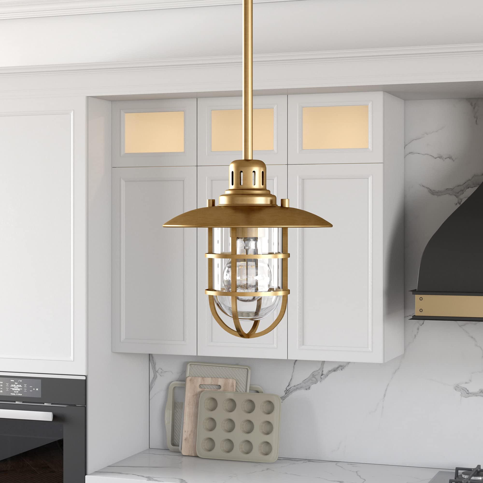 Bay 8.25" Wide Lantern Pendant with Glass/Metal Shade in Brass/Clear