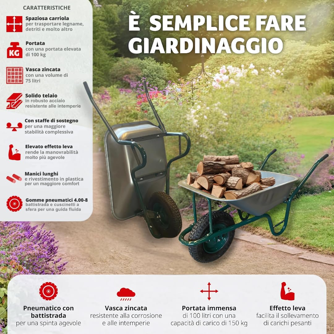 Brouette de Jardin 75L - Cadre en Acier galvanisé, Roue pneumatique 4.00-8 avec Chambre à air, Charge 100 kg - Idéal pour Chantier, pelouse, Ciment