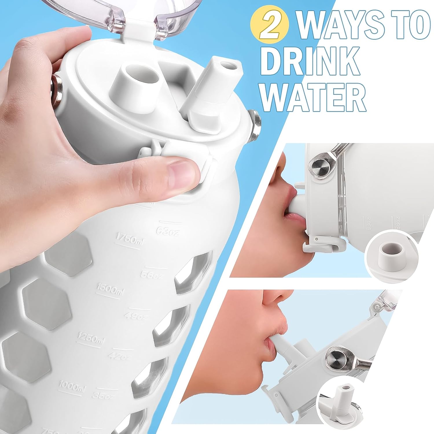 MUKOKO 64oz Glass Water Bottles with Straw and Lid,Half Gallon Water Bottle with Time Marker,Large Glass Water Jug with Silicone Sleeve and Stainless Steel Handle-White - Image 5