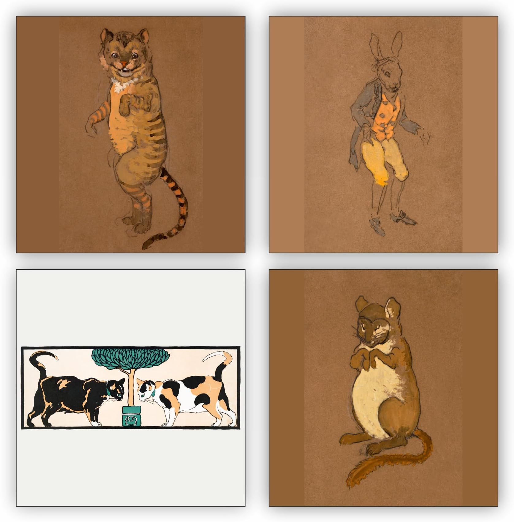Green Panda Cat Wall Art Collection, Piece Set, Brown Kraft Paper Prints with Black and White Cat Illustration